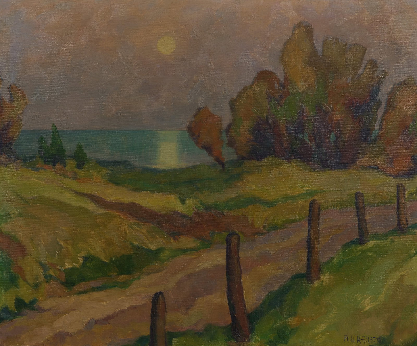 A. D. Hansen (American, 20th Century) Oil on Canvas: A. D. Hansen (American, 20th Century) Oil on Canvas Undated, signed, depicting a coastal pathway, in a gold-tone wood frame having a J. O. Krumbholz Fine Arts, Milwaukee label verso Provenance: J.O. K
