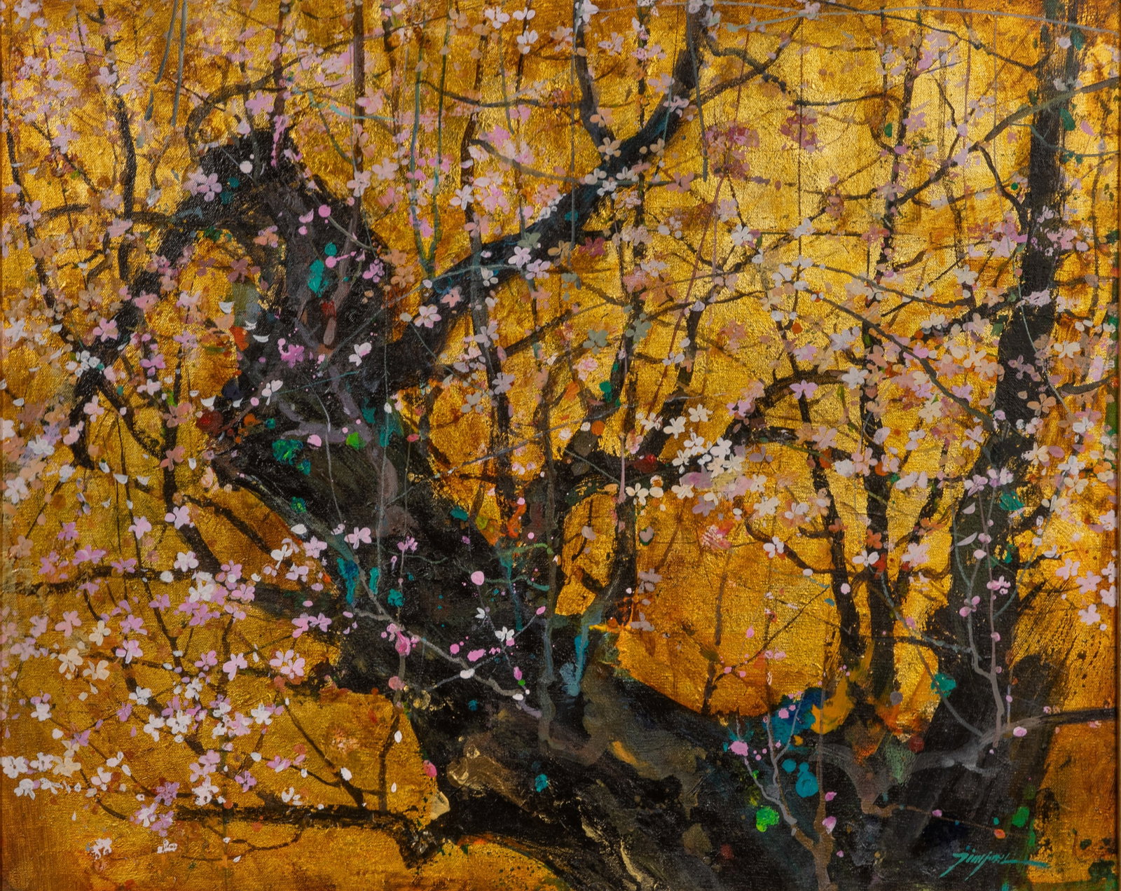 Tinyan Chan (Chinese / Canadian, b.1942) 'Japanese Cherry Blossoms' Oil on Canvas: Tinyan Chan (Chinese / Canadian, b.1942) 'Japanese Cherry Blossoms' Oil on Canvas Undated, signed lower right, signed again and titled verso, depicting a profusion of blossoms against a dark tree bran