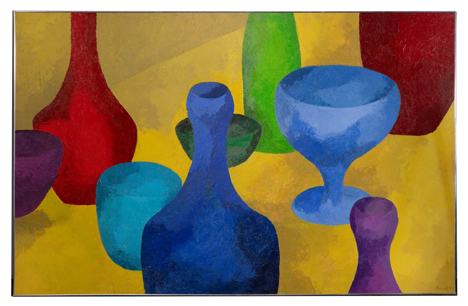 Patricia 'Diacca' Topp (American, 20th Century) Acrylic on Canvas: Patricia 'Diacca' Topp (American, 20th Century) Acrylic on Canvas 1967, signed lower right, depicting multi-color vessels on a yellow ground, having a metal frame Property from: an Estate, Marshfield,