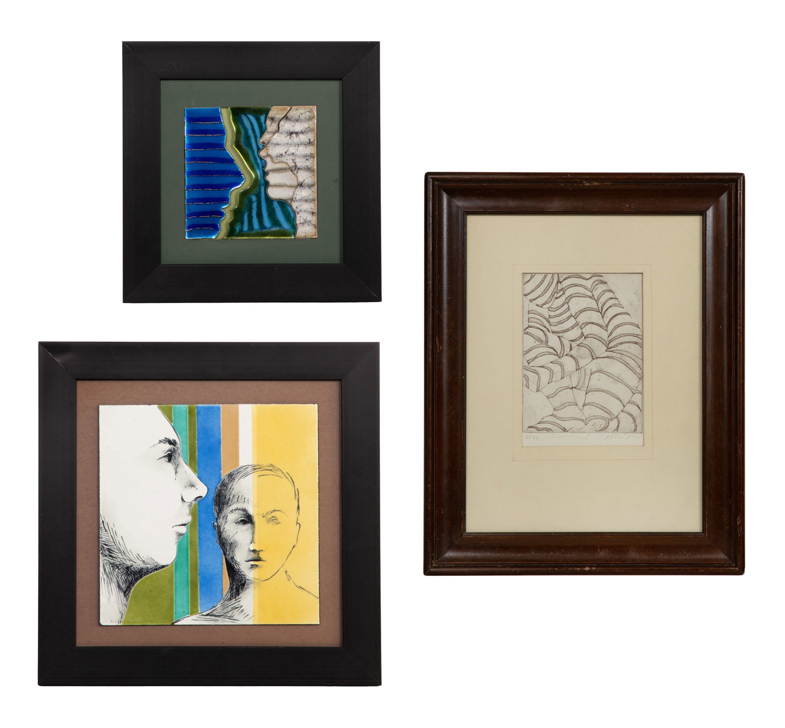 Patricia 'Diacca' Topp (American, 20th Century) Enameled Copper Tiles: Patricia 'Diacca' Topp (American, 20th Century) Enameled Copper Tiles (3) total items including (2) undated, unsigned enamels on copper, one abstract and the other having faces, both float mounted in 