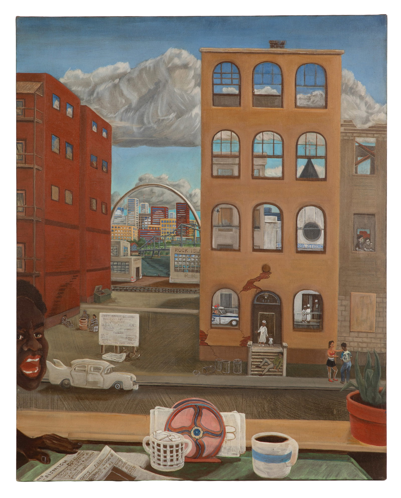 G. T. Tisori (American, 1939-2012) Acrylic on Canvas: G. T. Tisori (American, 1939-2012) Acrylic on Canvas Undated, unsigned, accompanied by biographical sheets and artist business cards, depicting an East Saint Louis street scene having the Arch and sky