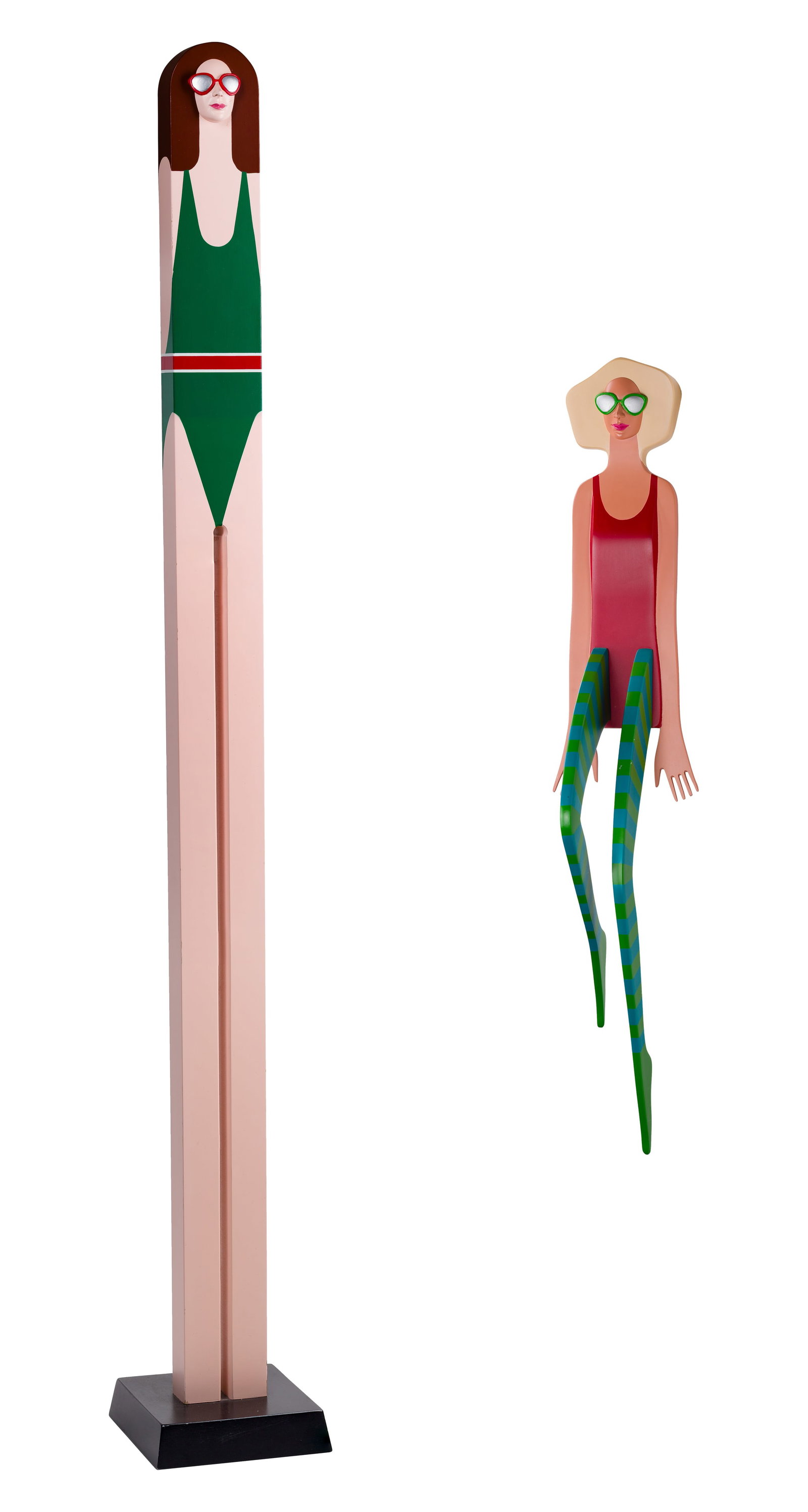 J. W. Eaton (American, 20th Century) Painted Wood and Metal Sculptures: J. W. Eaton (American, 20th Century) Painted Wood and Metal Sculptures (2) items representing women in bathing suits, brightly painted, the taller 1990, signed on back of leg, wood standing on a metal
