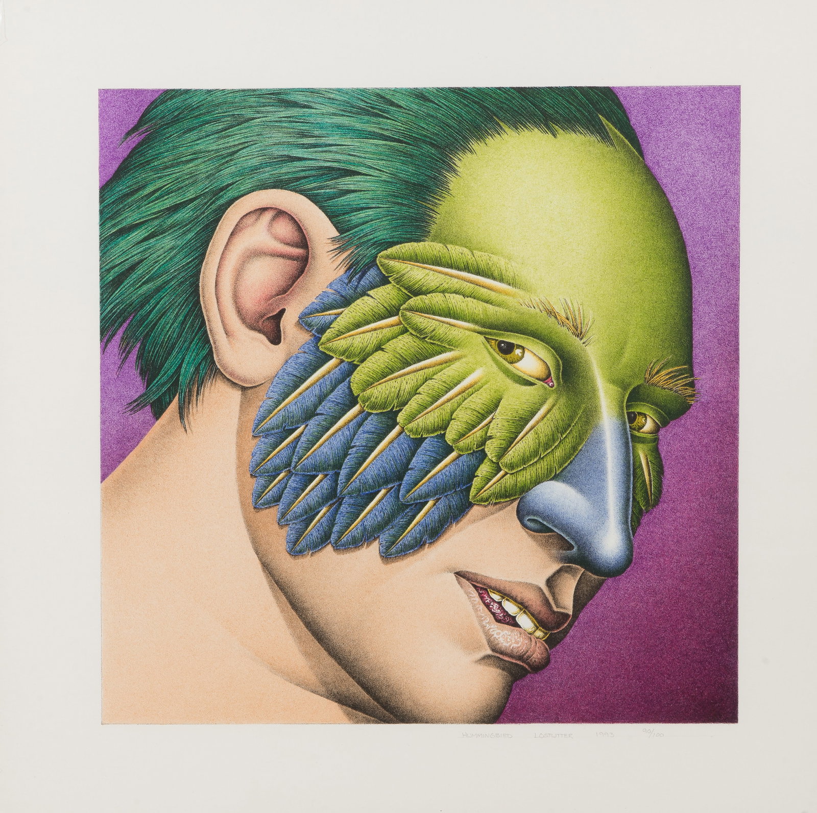 Robert Lostutter (American, b.1939) 'Hummingbird' Lithograph: Robert Lostutter (American, b.1939) 'Hummingbird' Lithograph 1993, pencil signed, titled, #90/100, the artist depiction of the blending of human and avian imagery, float mounted under acrylic in a bla
