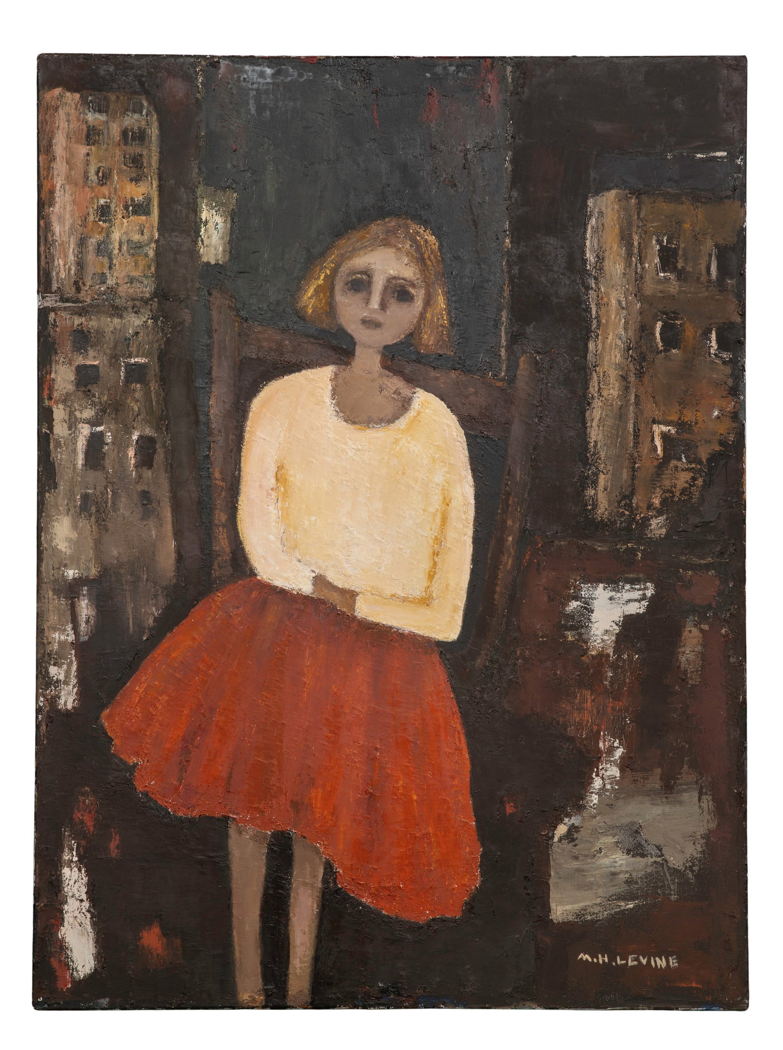 Mira Hermoni Levine (Israeli, b.1948) Oil on Canvas: Mira Hermoni Levine (Israeli, b.1948) Oil on Canvas Signed lower right, signed again and having inscription dated 1961 verso, depicting a seated woman having views of buildings through flanking window
