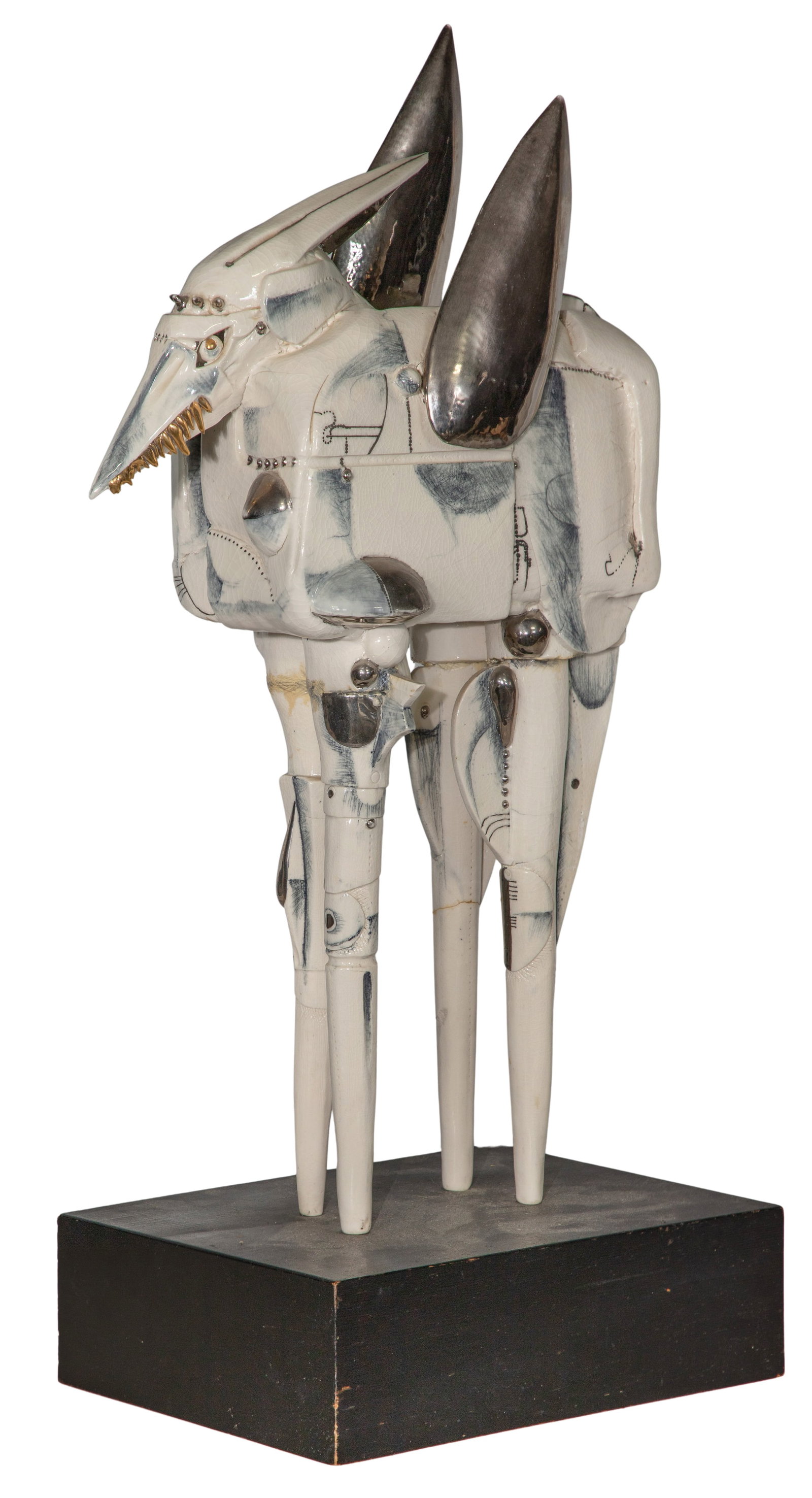 Attributed to Edward Schoenberger (American, 1915-2017) Winged Beast Porcelain Sculpture: Attributed to Edward Schoenberger (American, 1915-2017) Winged Beast Porcelain Sculpture Undated, unsigned depiction of a spindly-legged creature on a 3.75-inch tall wood base having wire supports tha