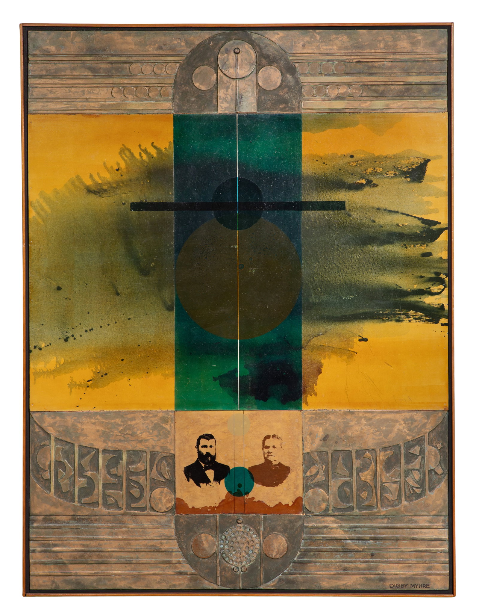 Digby Myhre (American,1928-1998) 'Felix and Tille' Mixed Media on Board: Digby Myhre (American,1928-1998) 'Felix and Tille' Mixed Media on Board Undated, signed, a blend of geometric shapes, copper and historical / human portraiture, titled verso, in a lath frame Property 