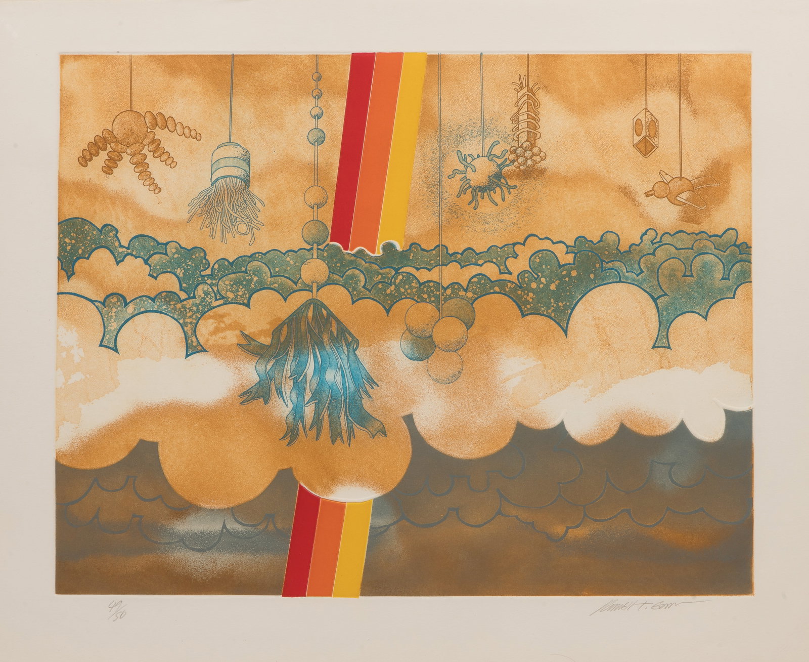 Russell T. Gordon (American, 1936-2013) 'Skyscrape' Etching and Aquatint: Russell T. Gordon (American, 1936-2013) 'Skyscrape' Etching and Aquatint 1974, pencil signed, #49/50, depicting items floating among clouds, contrasted against rainbows, float mounted under glass in a