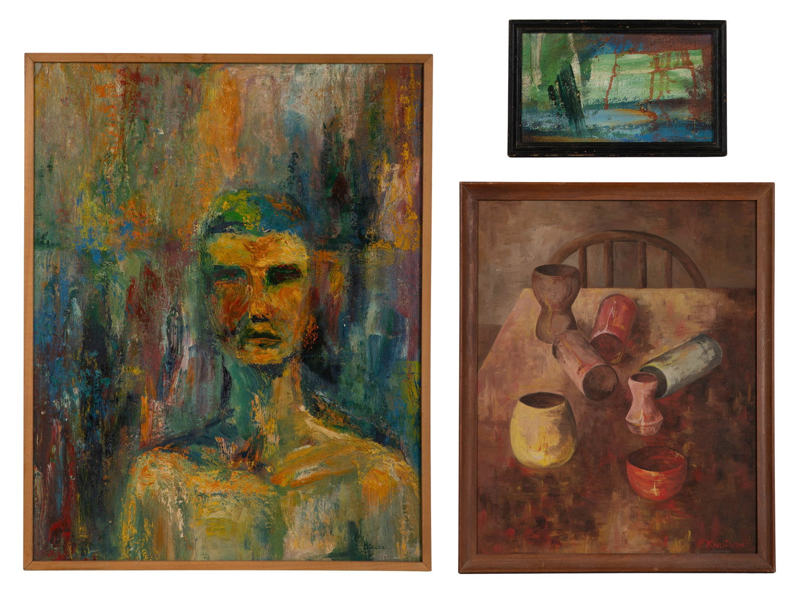 Various Artists (20th Century) Modernist Oil Painting Assortment: Various Artists (20th Century) Modernist Oil Painting Assortment (3) items including a portrait on board and an abstract on board-backed canvas, both signed by Patricia 'Diacca' Topp (American, 20th C