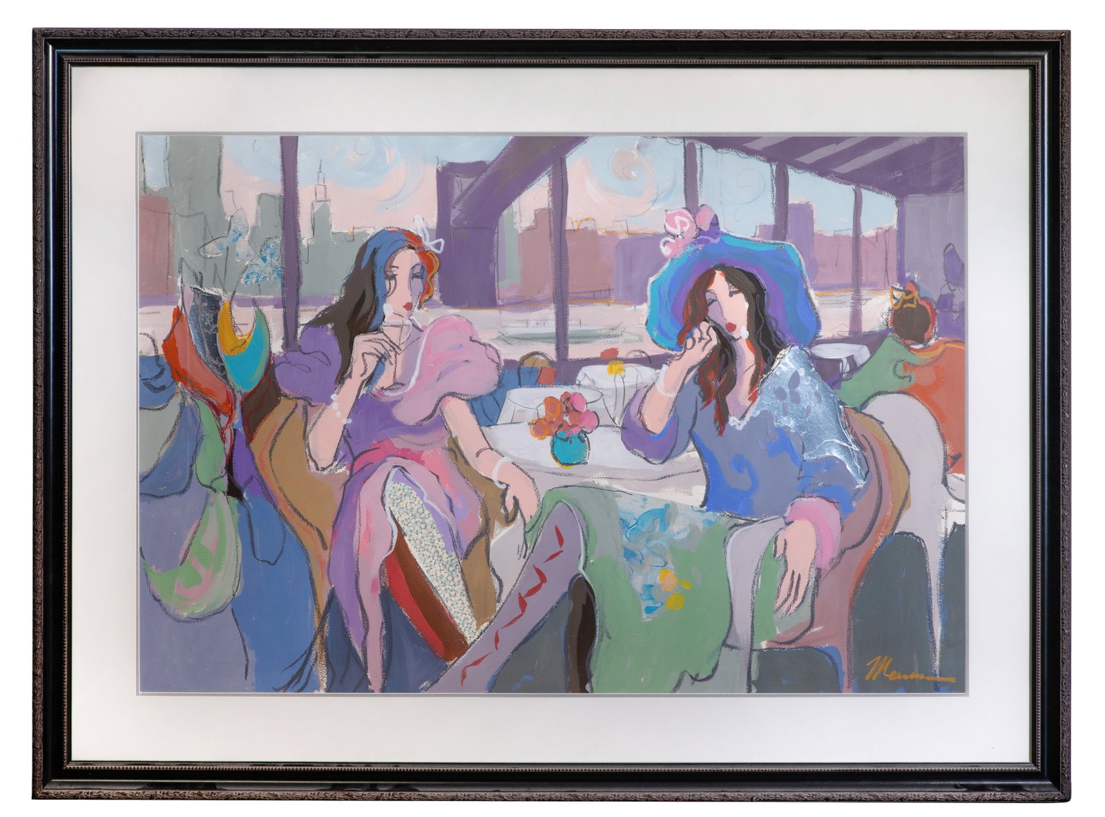 Isaac Maimon (Israeli, b.1951) 'Cocktails in New York' Acrylic on Paper: Isaac Maimon (Israeli, b.1951) 'Cocktails in New York' Acrylic on Paper Undated, signed, depicting two ladies sitting at a table with the skyline in the background, matted under acrylic in a wood