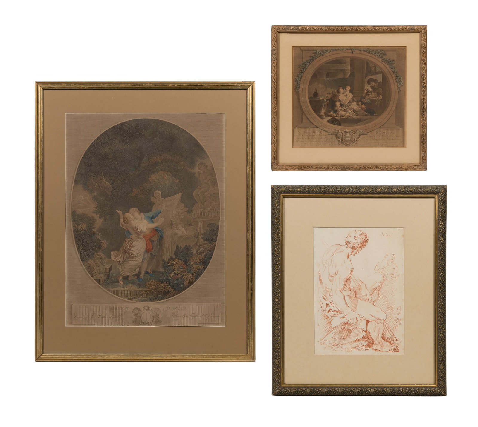 After Jean-Honore Fragonard (French, 1732-1806) Engravings: After Jean-Honore Fragonard (French, 1732-1806) Engravings (3) total items including 1786 'Le Serment D'Amour' depicting a couple kissing before a statue of cupids, by printmaker Jean Mathieu and 1777