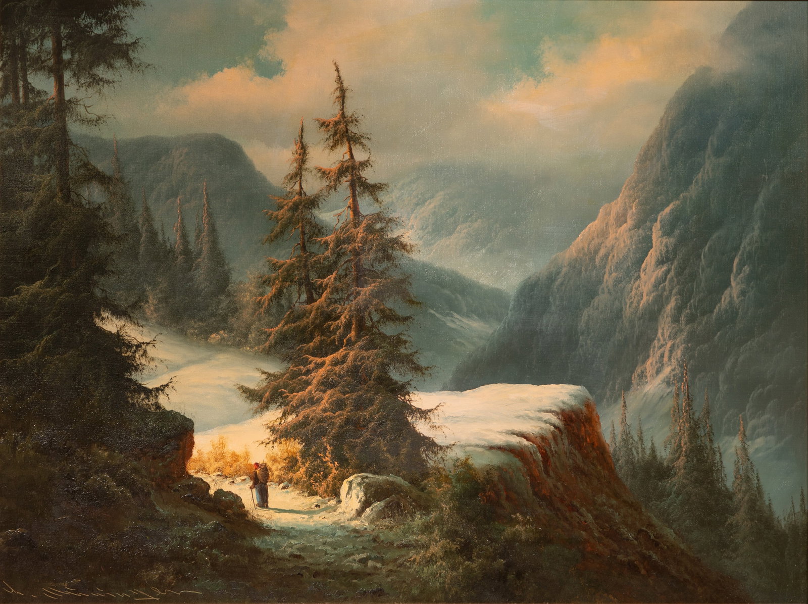 Ludwig Munninger (German, 1929-1997) Oil on Canvas: Ludwig Munninger (German, 1929-1997) Oil on Canvas Undated, signed lower left, depicting a traveler hiking through a snowy wooded mountain pass, in a gold-tone gesso on carved wood frame Property