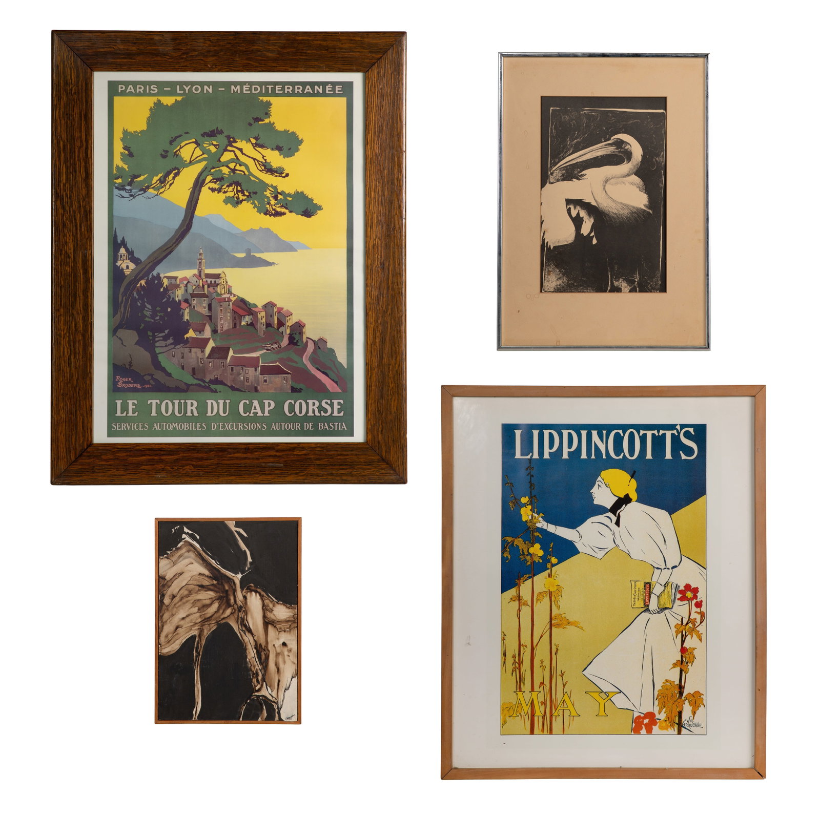 Artwork Assortment: Artwork Assortment (4) items including an abstract oil on panel signed 'J. Petruchyk '63' in a wood lath frame, an unsigned collotype after a lithograph depicting a crane, matted in a metal frame and