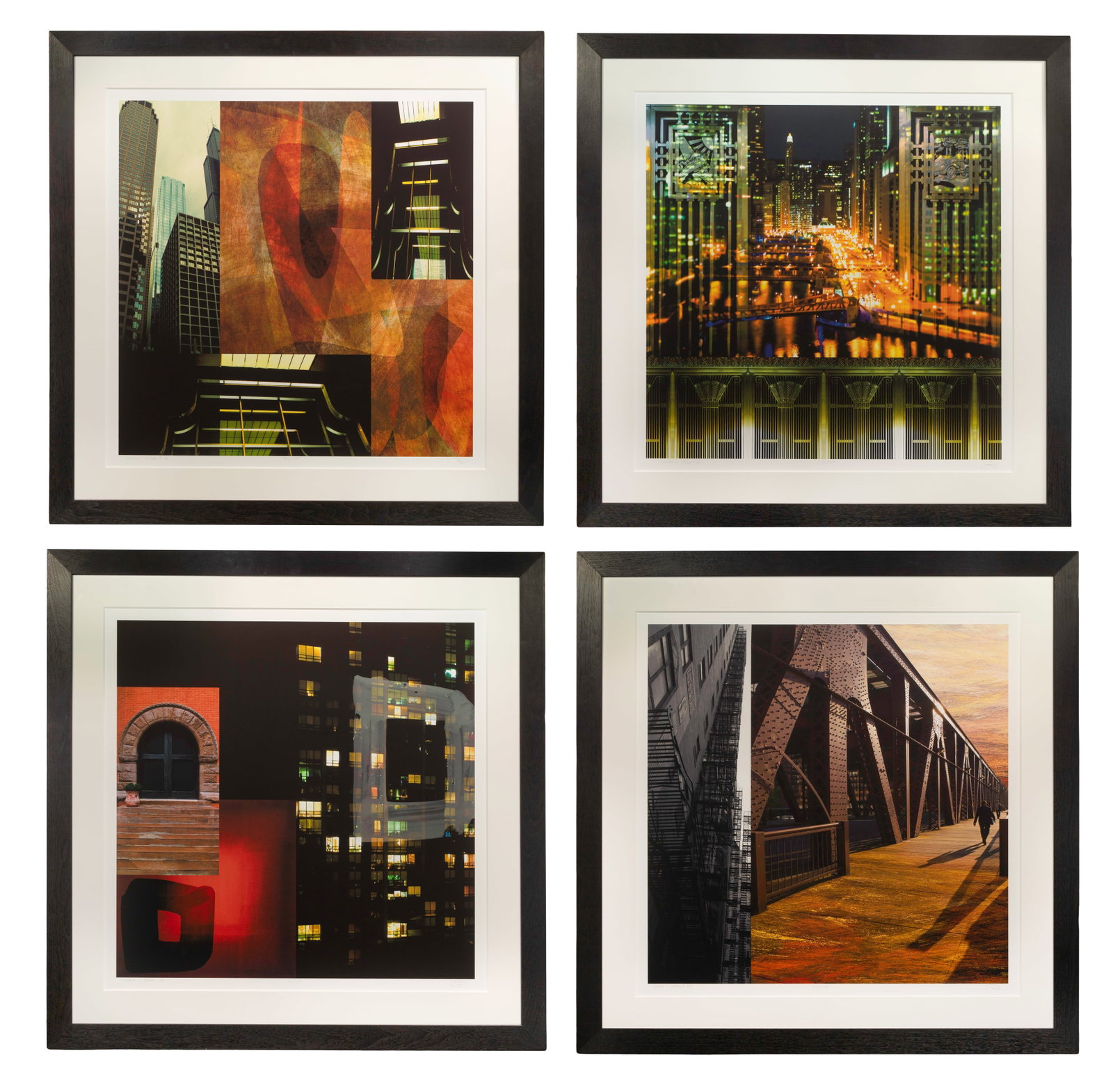 Chicago Themed Offset Lithograph Assortment: Chicago Themed Offset Lithograph Assortment (4) items depicting urban scenes, uniformly matted behind acrylic in wood frames Property from: a Private Collector, Highland Park, Illinois Height: 32