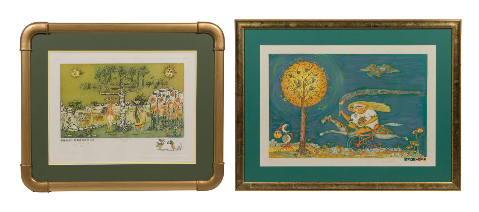 Guillermo Silva (Colombian, 1921-2007) Lithographs: Guillermo Silva (Colombian, 1921-2007) Lithographs (2) undated, pencil signed items including 'El Arboldela Vida', #42/100, depicting the tree of life as well as 'Luna Llena', #LV/C depicting a whimsi