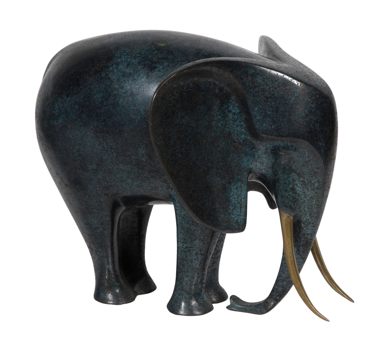 Loet Vanderveen (Dutch, 1921-2015) Patinated Bronze Sculpture: Loet Vanderveen (Dutch, 1921-2015) Patinated Bronze Sculpture Undated, etch signed, #381/500, an elephant having dark green / blue patina on the body contrasted with polished bronze tusks Property fro