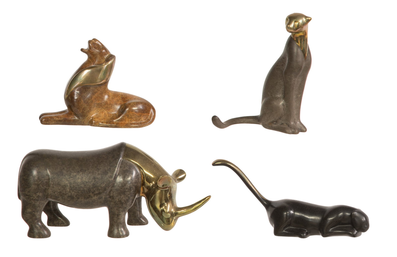 Loet Vanderveen (Dutch, 1921-2015) Parcel Gilt Bronze Animal Sculpture Assortment: Loet Vanderveen (Dutch, 1921-2015) Parcel Gilt Bronze Animal Sculpture Assortment (4) undated items including a rhinoceros #498/1750, seated cat #463/2500, recumbent lion raising head #249/2500 and cr