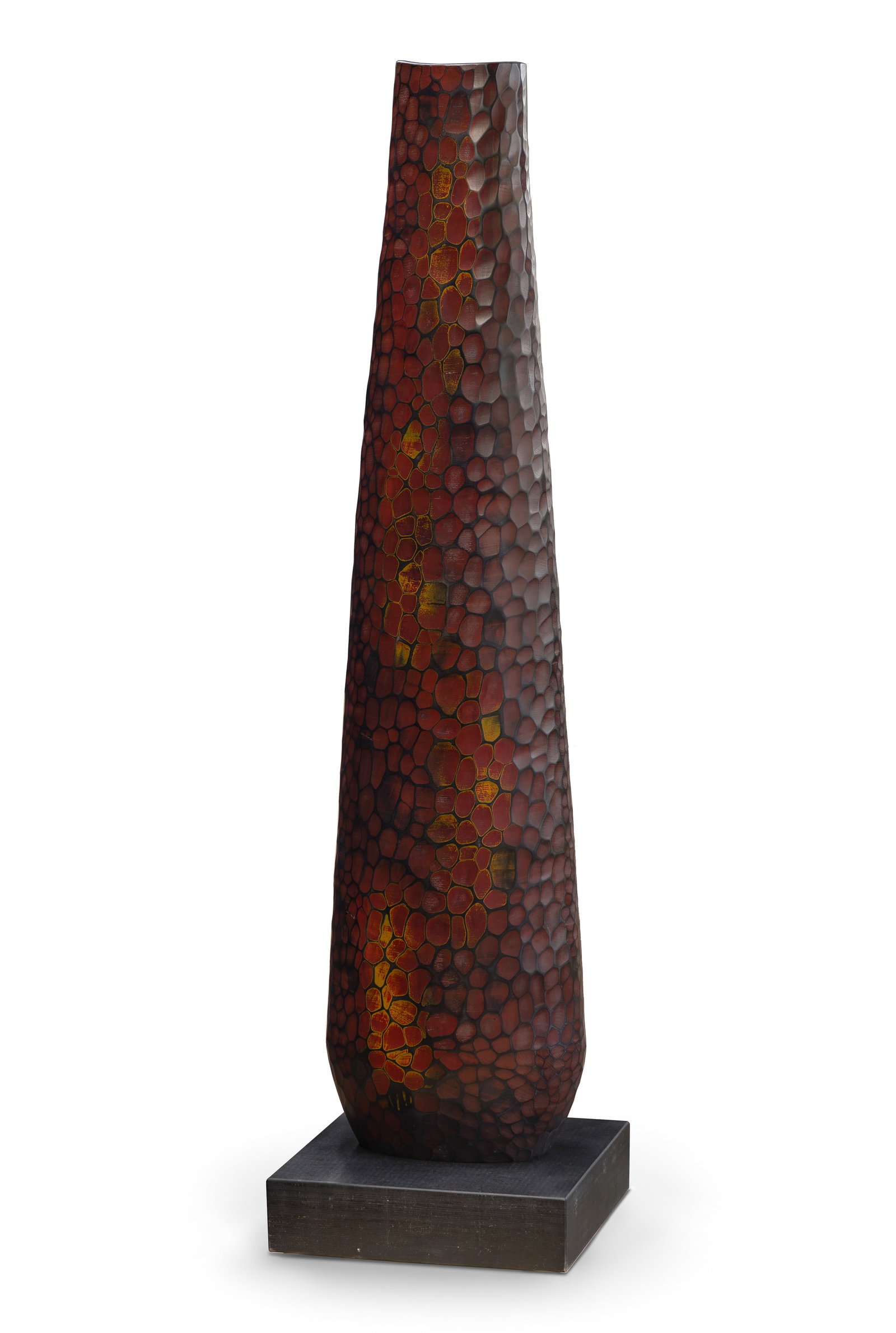 Michael Bauermeister (American, b.1957) 'Red Blaze' Wood Sculpture: Michael Bauermeister (American, b.1957) 'Red Blaze' Wood Sculpture 2008, dated and signed underside, 70-inch tall shaped and hollow wood vessel having numerous shallow-carved conchoidal convexities th