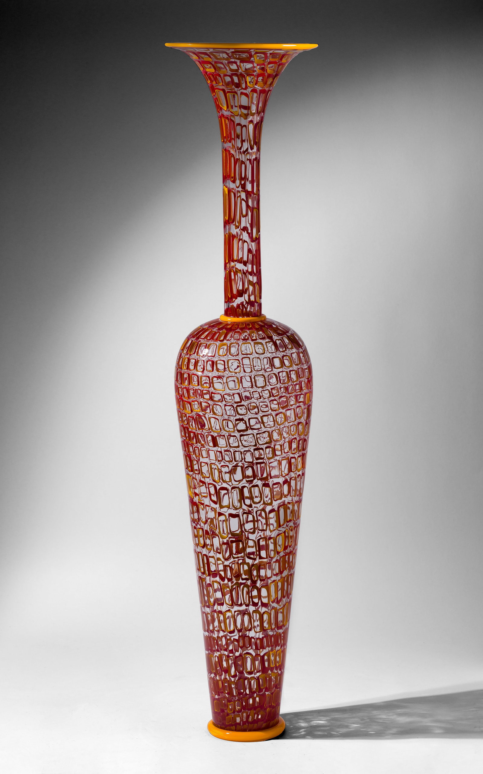 Dante Marioni (American, b.1964) 'Yellow in Red' Mosaic Blown Glass Vase (1 of 2)