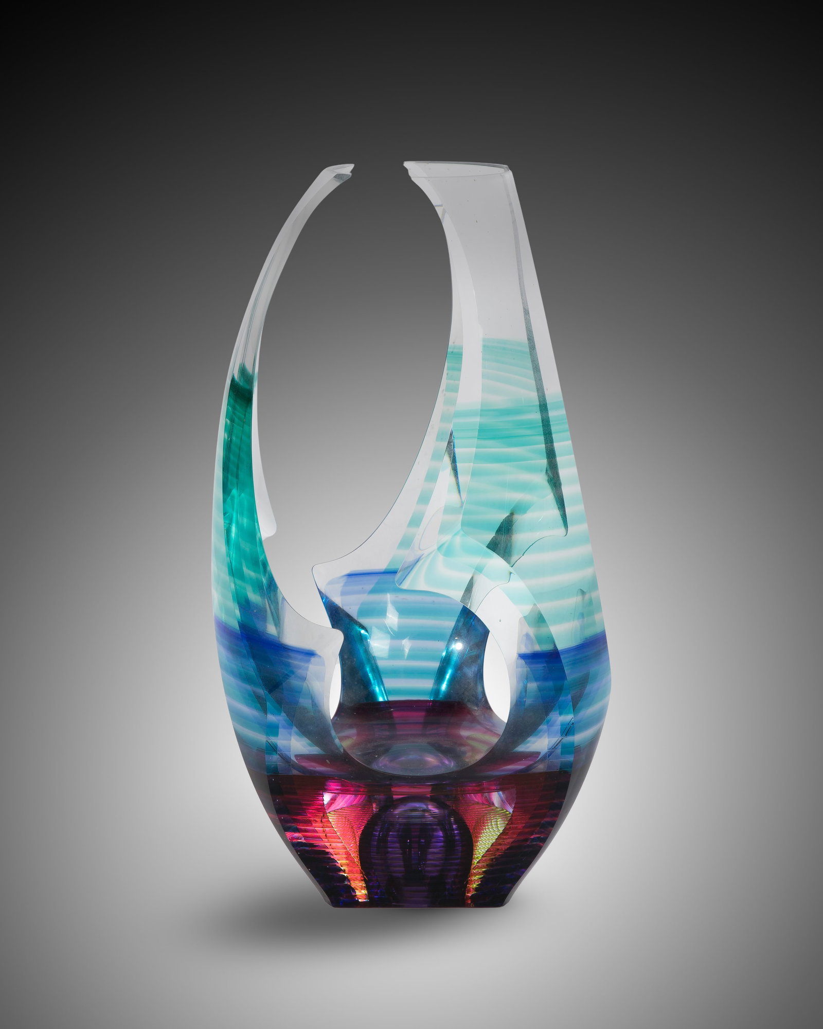 Kit Karbler and Michael David (American, 20th Century) 'Three Twist Trophy' Glass Sculpture: Kit Karbler and Michael David (American, 20th Century) 'Three Twist Trophy' Glass Sculpture 1994, etch signed, a sculpture of ground and polished glass, using color and light to imply motion Property