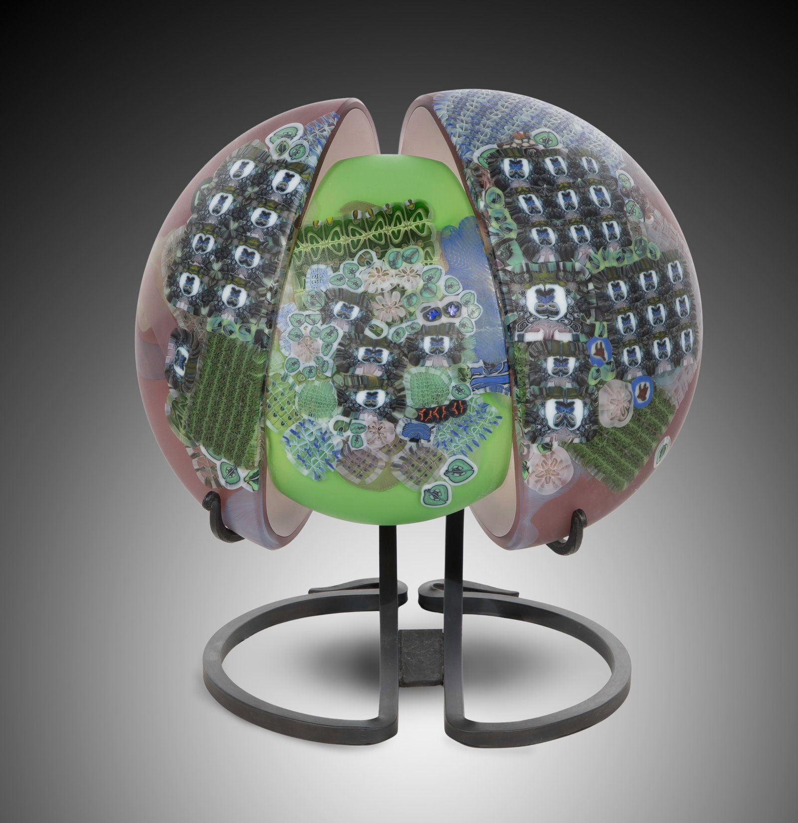 Richard Ritter (American. b.1940) 'Floral Core' Art Glass Sculpture: Richard Ritter (American. b.1940) 'Floral Core' Art Glass Sculpture 2005, initialed on metal base, a floral motif glass sculpture having murrines, including Marx-Saunders Galley, LTD receipt