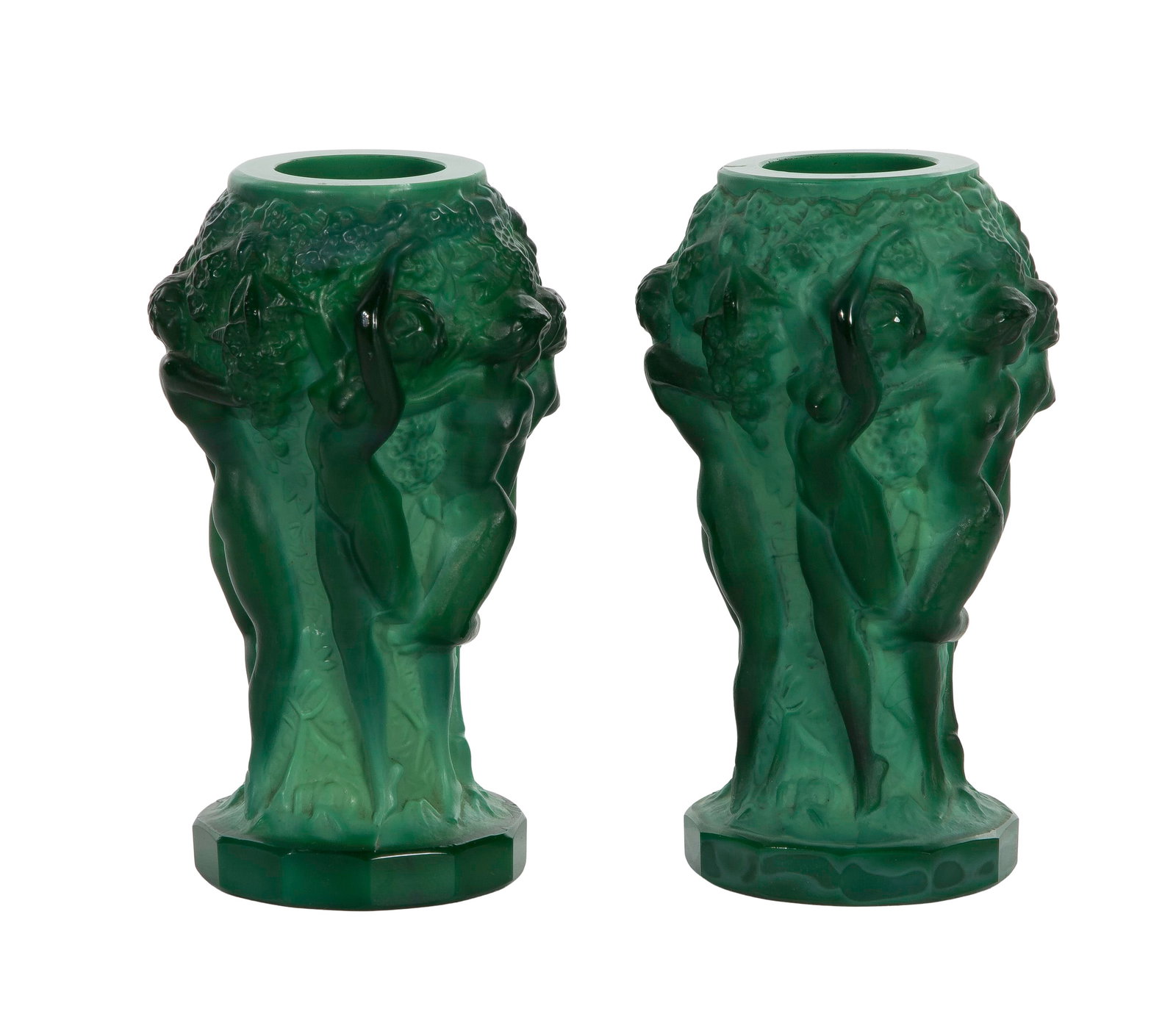 Curt Schlevogt (Czech, 1889-1945) Art Deco Malachite Glass Vases: Curt Schlevogt (Czech, 1889-1945) Art Deco Malachite Glass Vases (2) molded vases having uniform figural relief decoration, unmarked Property from: an Estate, Madison, Wisconsin Height: 5 inches,