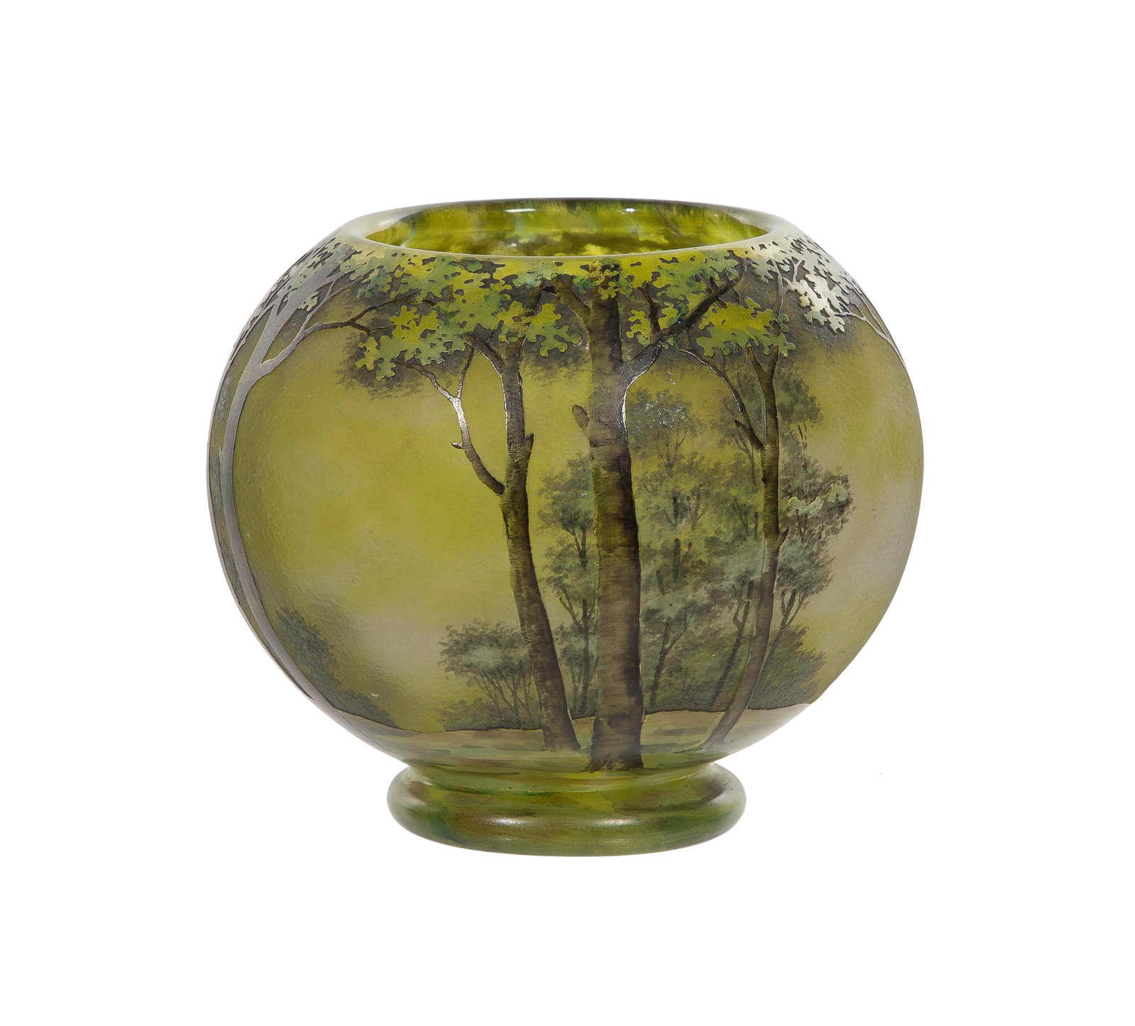 Daum Nancy Cameo Glass Vase: Daum Nancy Cameo Glass Vase A green cameo glass vase etched with a forest landscape, signed 'Daum Nancy' and the cross of Lorraine Property from: an Estate, Madison, Wisconsin Height: 3 inches,
