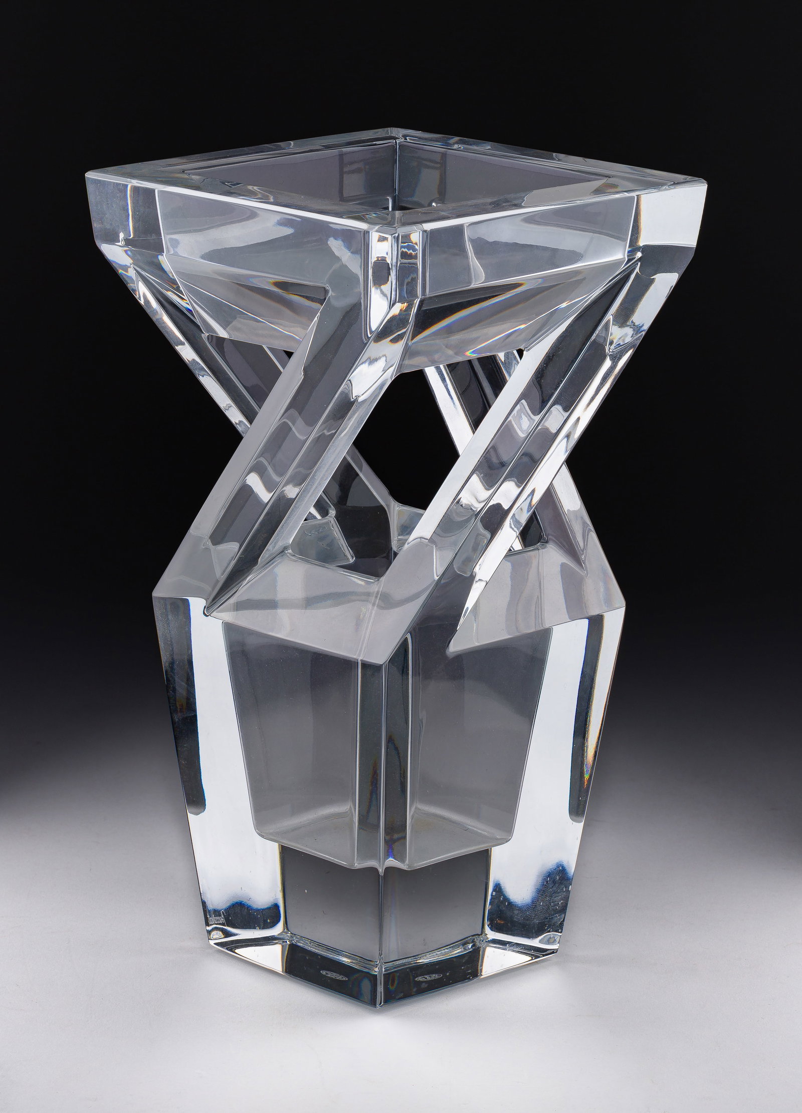 Baccarat Architecture Crystal Vase: Baccarat Architecture Crystal Vase Tapered square-section form having an open upper half, the rim on angled supports, etch mark underside Property from: an Estate, Mokena, Illinois Height: 9 1/2