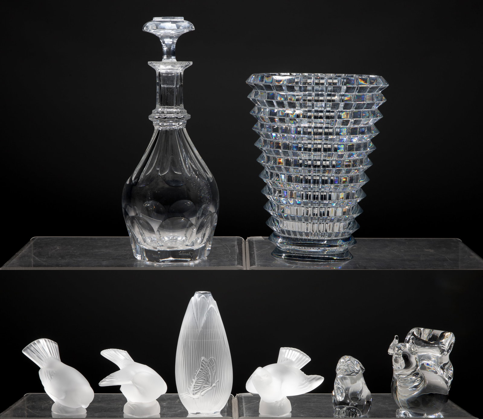 Lalique, Baccarat and Steuben Crystal Assortment: Lalique, Baccarat and Steuben Crystal Assortment (8) items including (3) Lalique Moineau (sparrows) figurines (preening, head down, wings out) and a Coeur de fleur vase, all etch marked, a Baccarat