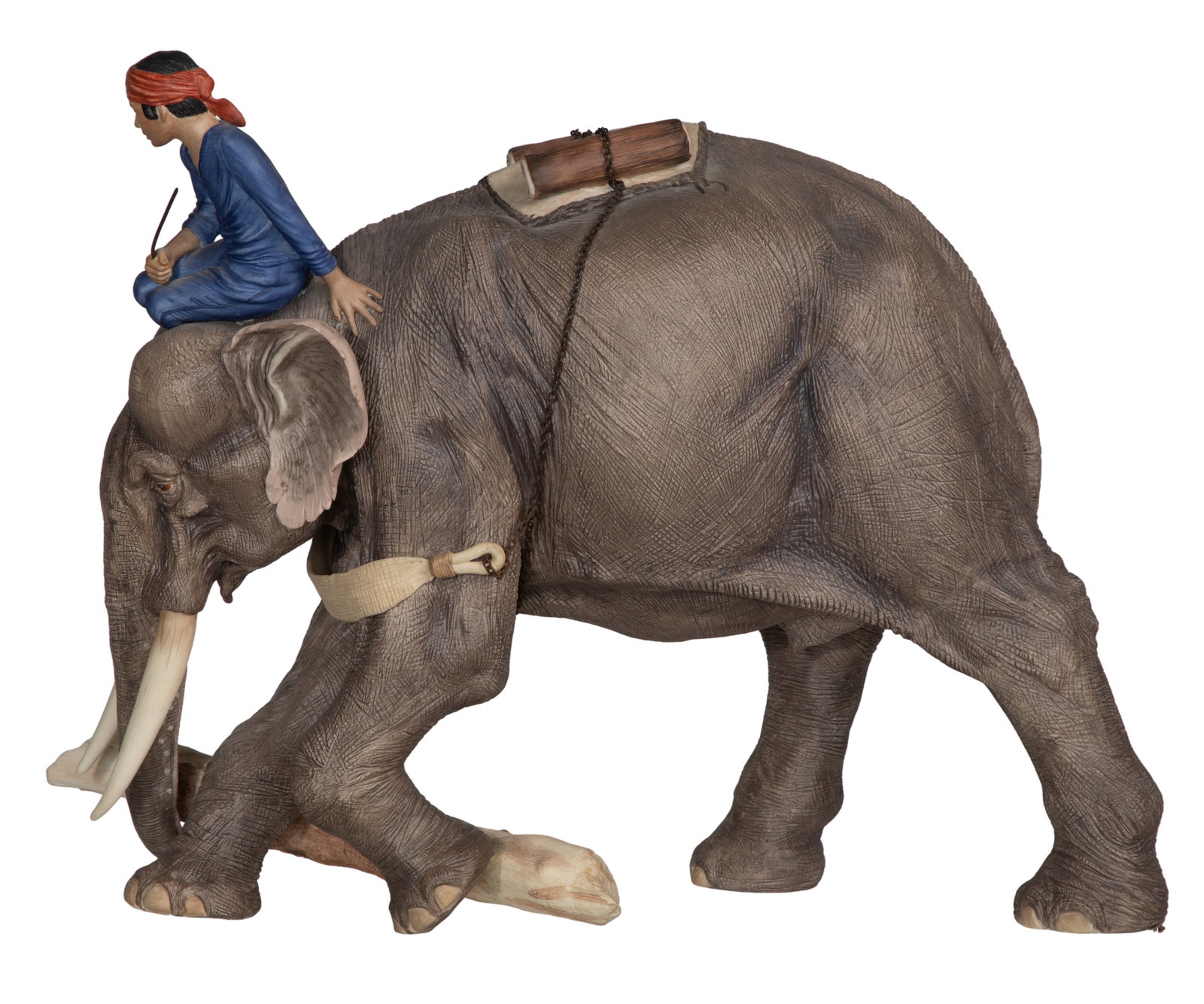 Boehm Elephant Porcelain Figurine: Boehm Elephant Porcelain Figurine 1990, depicting a working Indian elephant and driver, signed, limitation #29 and date on maker label underside of a foot Property from: an Estate, Madison, Wisconsin