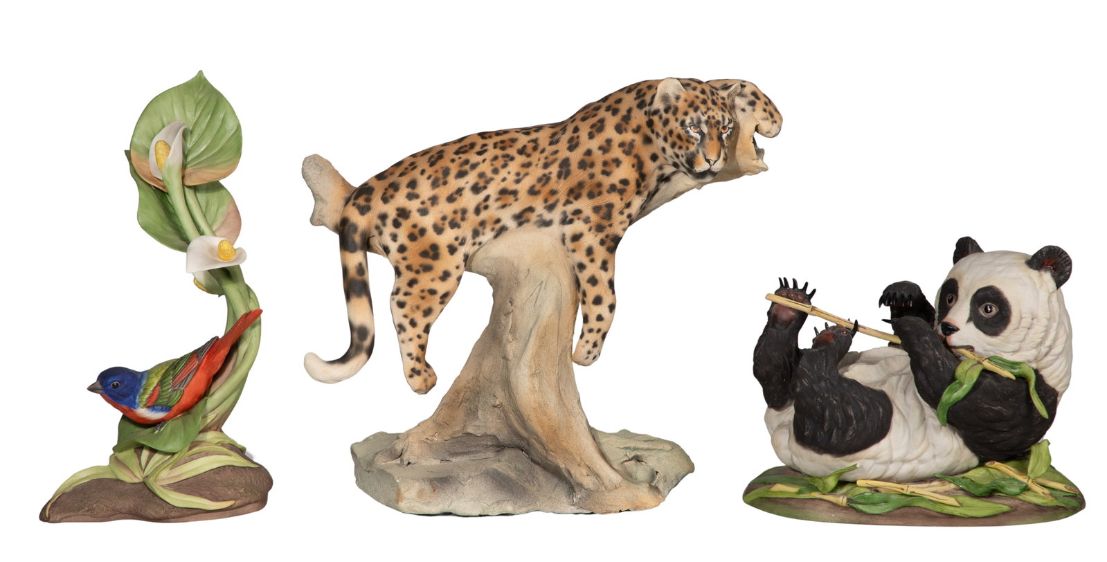 Porcelain Figurine Assortment: Porcelain Figurine Assortment (3) items including a marked Boehm Painted Bunting and panda with notations on the underside, as well as a leopard marked 'Minutte @2000' Property from: an Estate,