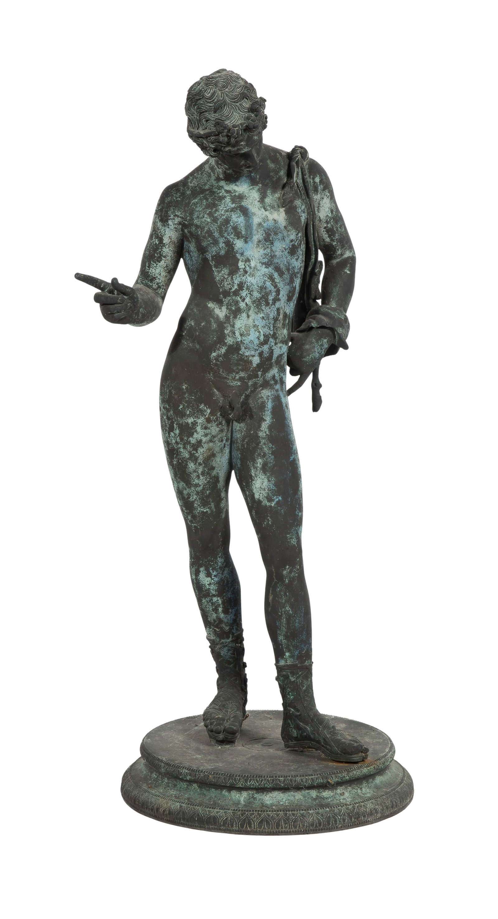 Roman Style Narcissus Bronze Sculpture: Roman Style Narcissus Bronze Sculpture Patinated, grand tour style reproduction of the famous statue found at Pompeii Property from: a Private Collector, Lemont, Illinois Height: 24 1/2 inches,