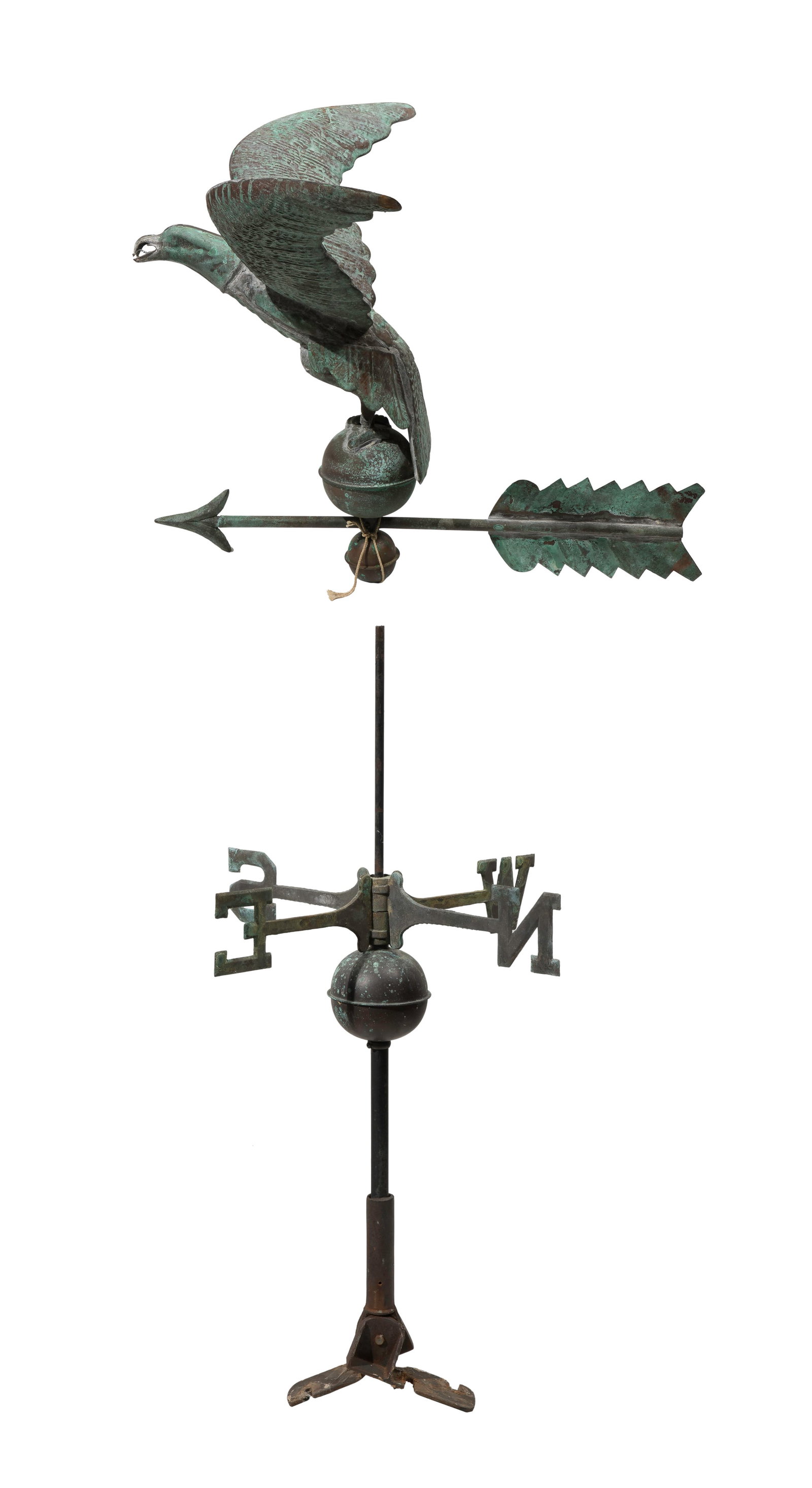 Copper Eagle Weather Vane: Copper Eagle Weather Vane Having outstretched wings in naturalistic style, perched on a ball and arrow vane, supported on a complete assembly including roof mount, post, balls and directional