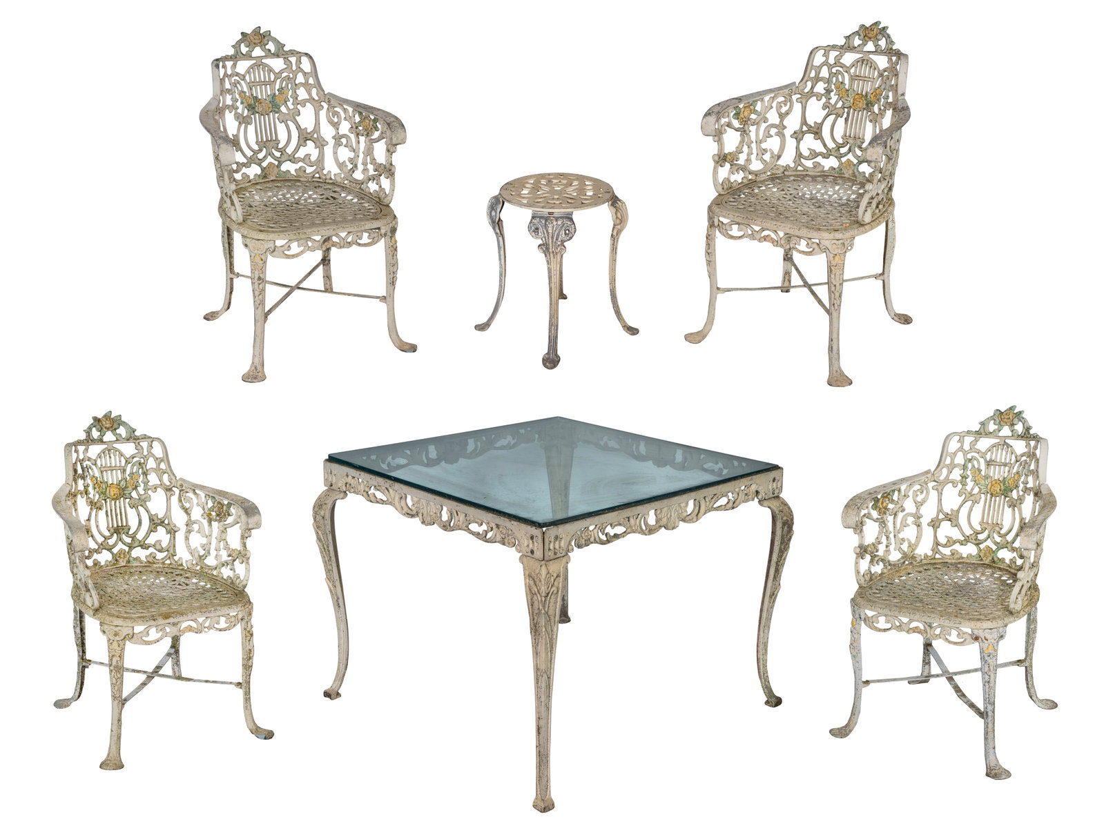 Cast Metal Patio Furniture Suite: Cast Metal Patio Furniture Suite (6) painted cast aluminum items including a square glass topped table, (4) armchairs (32 x 21 x 23-inches each) and a stool (16.5 x 19 x 19-inches) Property from: an