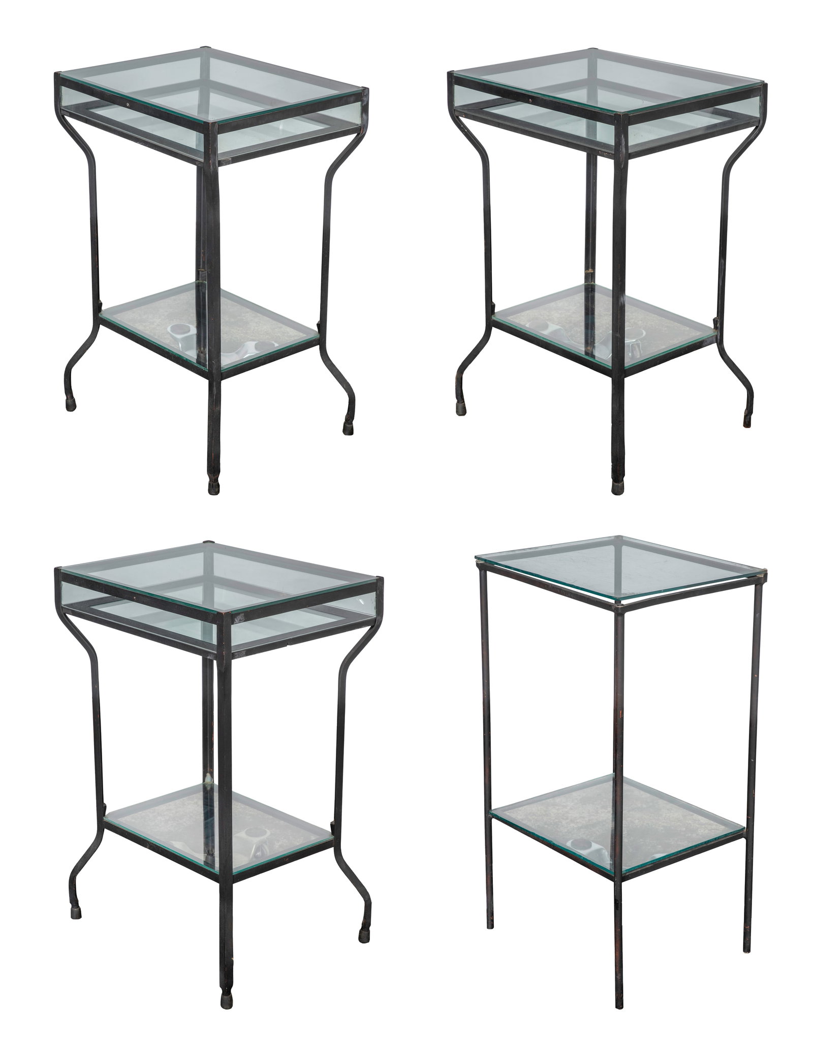 Glass and Metal Side Table Assortment: Glass and Metal Side Table Assortment (4) black painted metal tables having glass surfaces, including (3) vitrine style (30 x 20.5 X 16.5-inches) having top-loading glass enclosed display