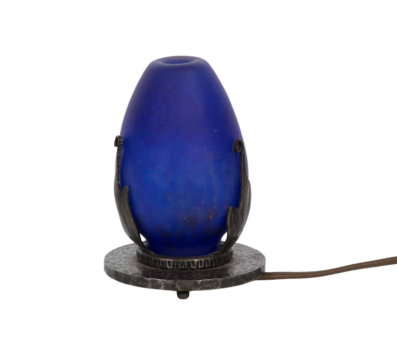 Robj Paris French Art Deco Glass and Wrought Iron Perfume Lamp: Robj Paris French Art Deco Glass and Wrought Iron Perfume Lamp C.1920, 'Robj / Paris' engraved on shade and cold stamped underside of base Property from: a Private Collector, Wayne, Illinois Height:
