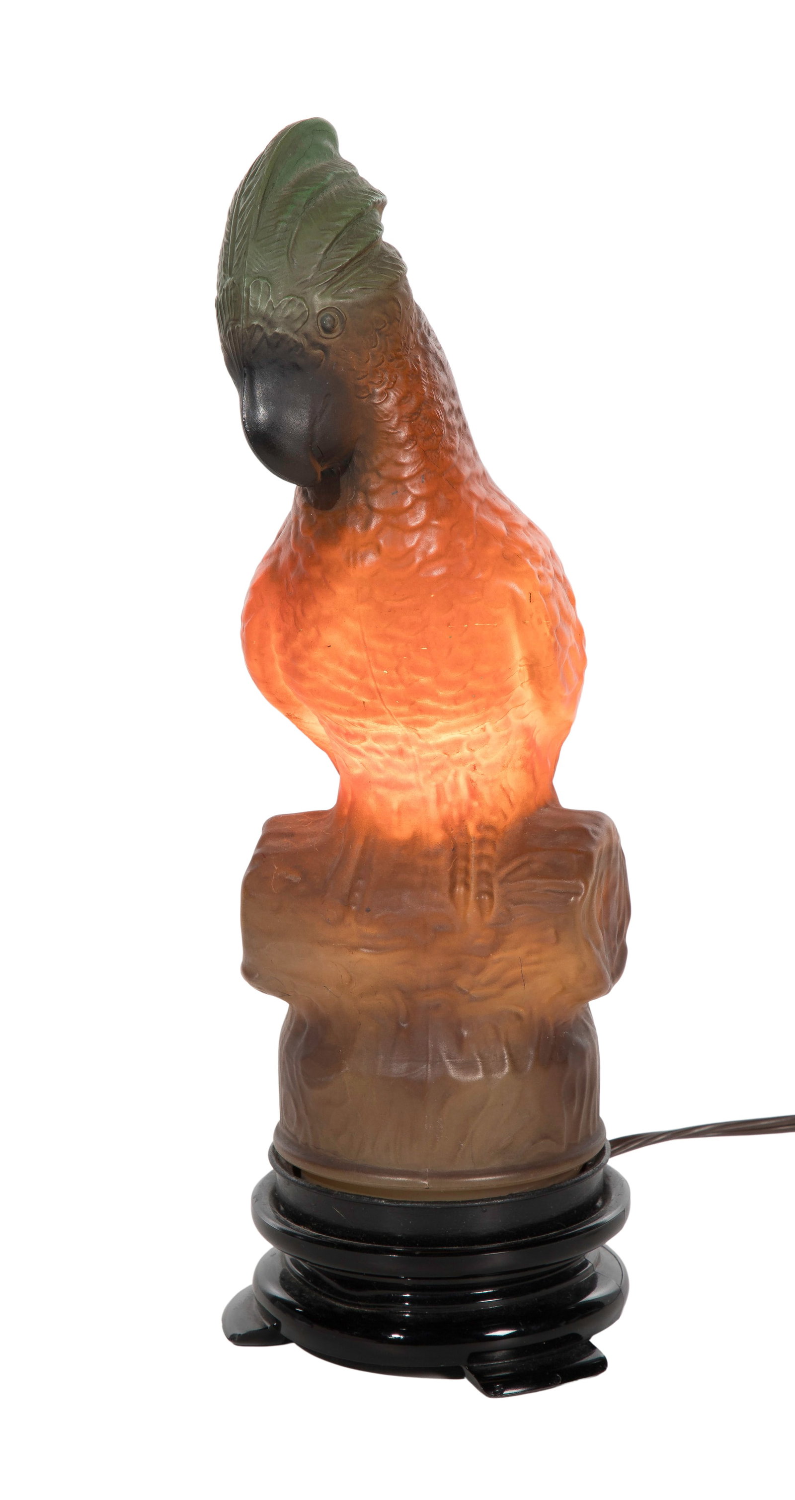 Tiffin Glass Parrot Table Lamp: Tiffin Glass Parrot Table Lamp Novelty electric lamp having a molded multi-color matte glass shade that screws into an opaque black glass base Property from: a Private Collector, Wayne, Illinois