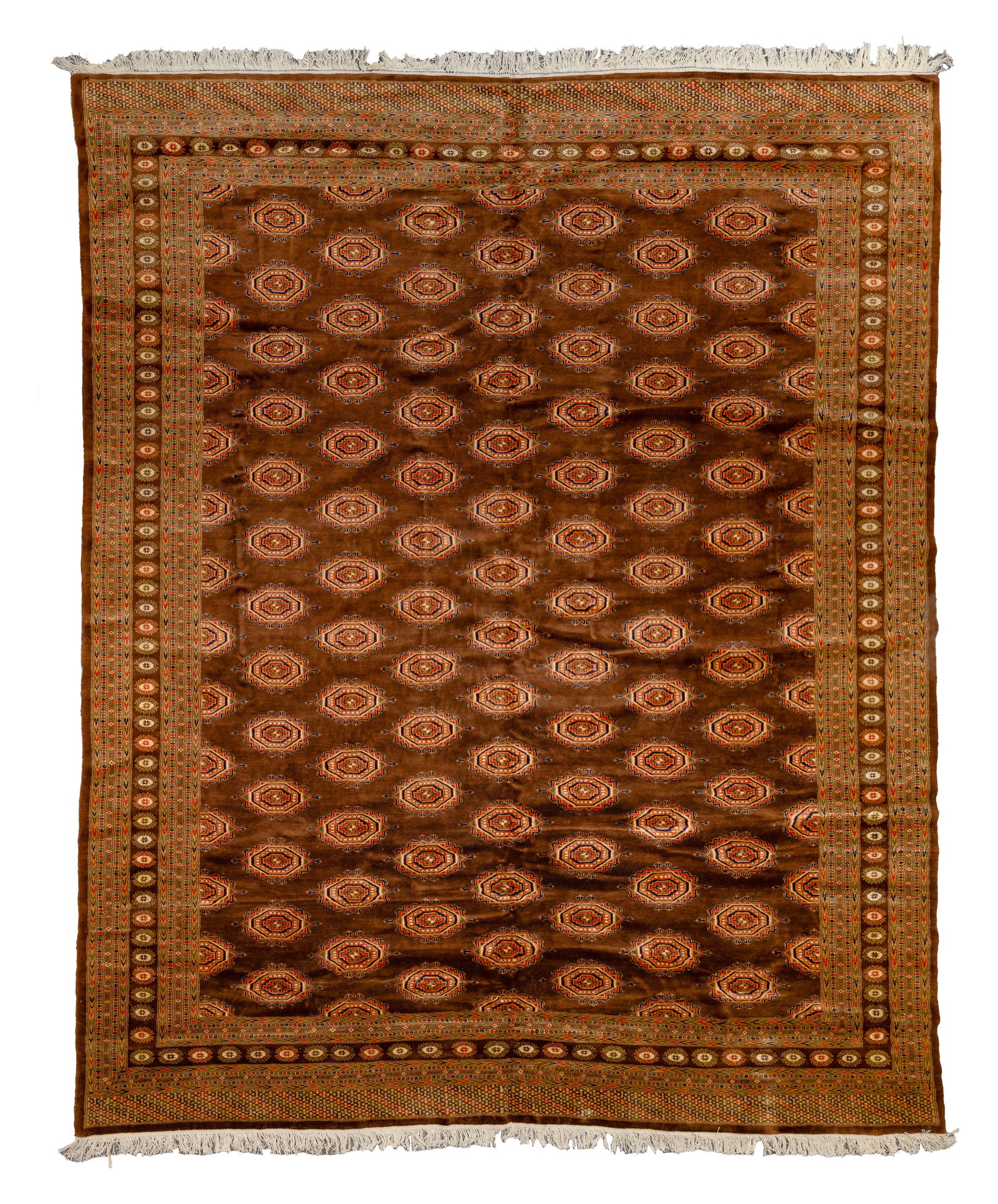 Turkmen Saryk Style Wool Rug: Turkmen Saryk Style Wool Rug Hand knotted having a geometric medallion design in hues of green, red and blue on a brown field Property from: a Private Collector, Antioch, Illinois Rug Size: 12 ft. 11