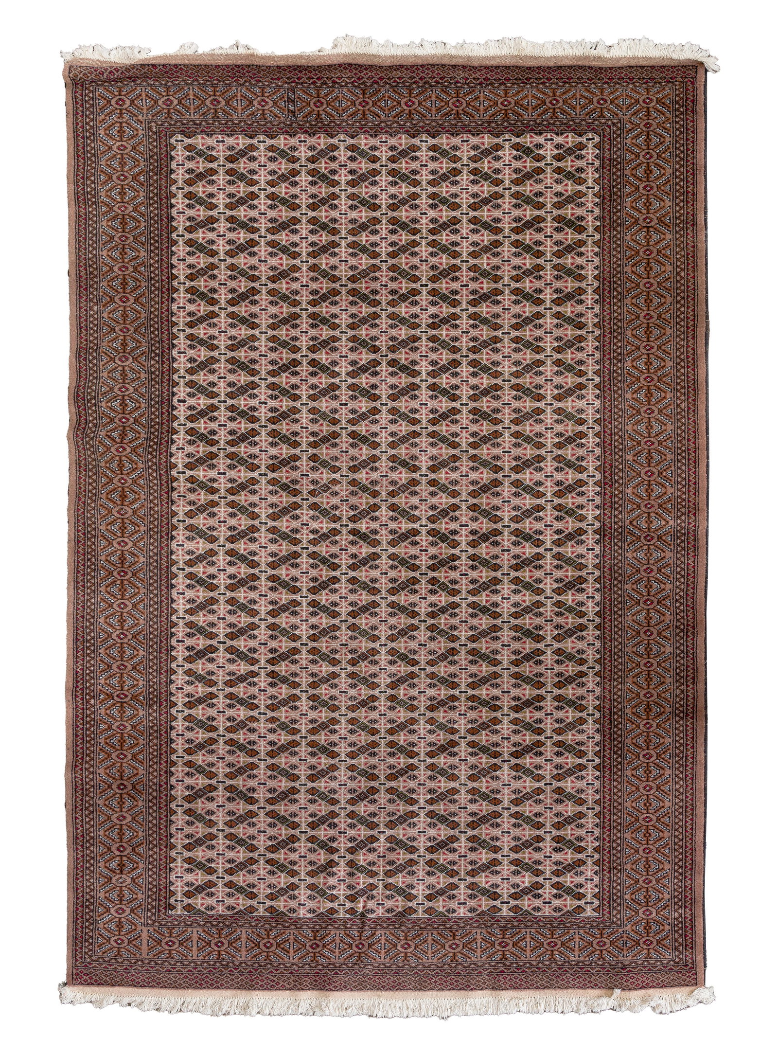 Turkish Wool Rug: Turkish Wool Rug Hand woven having a repeating geometric design, in hues of tan, rust and black on a brown field Property from: a Private Collector, Antioch, Illinois Rug Size: 10 ft. 10 in. by 6 ft. 
