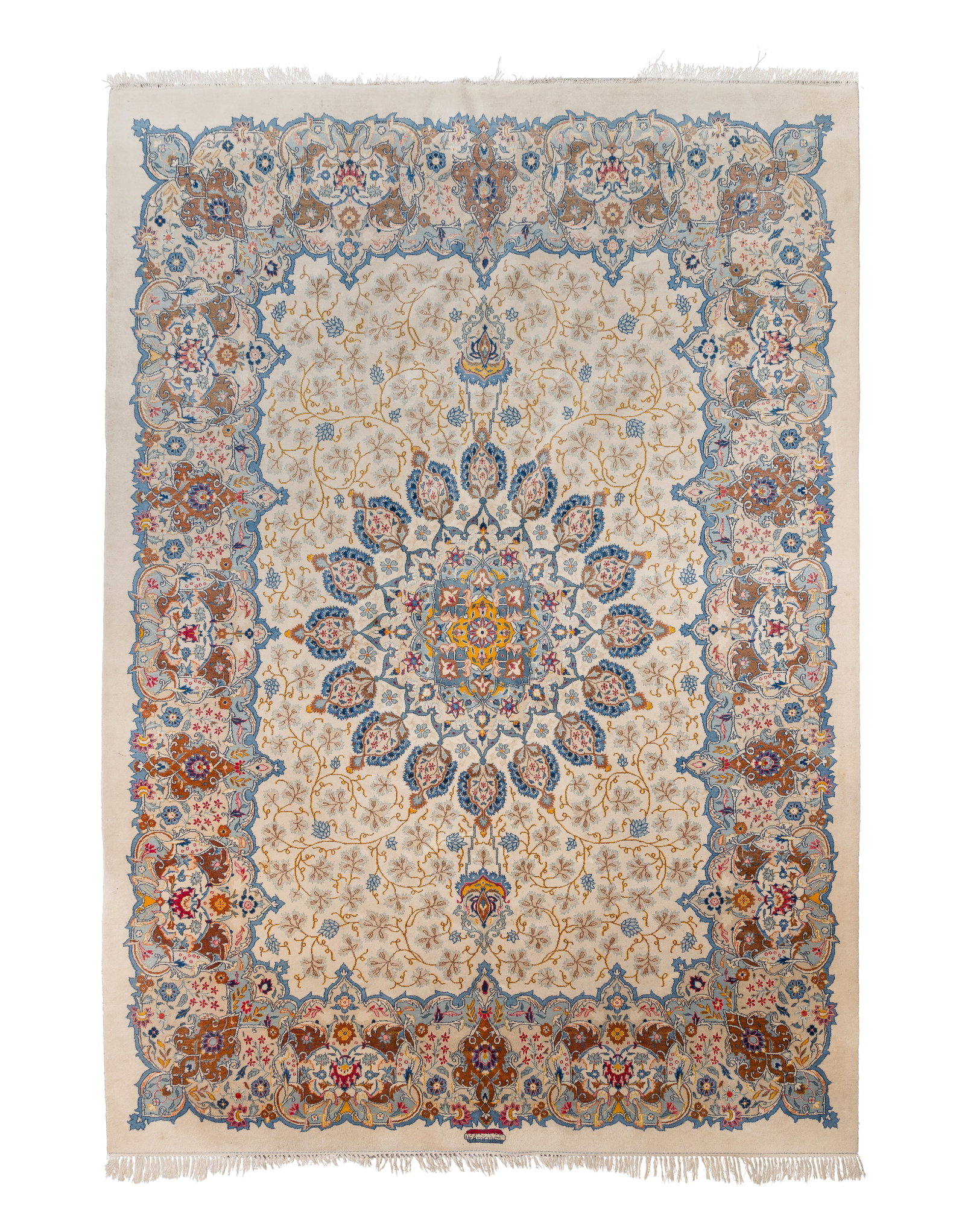 Royal Keshan Style Persian Wool Rug: Royal Keshan Style Persian Wool Rug Hand knotted, having a floral design, center medallion and signature in hues of blue, pink, taupe, mauve and gold on a cream field Property from: an Estate,