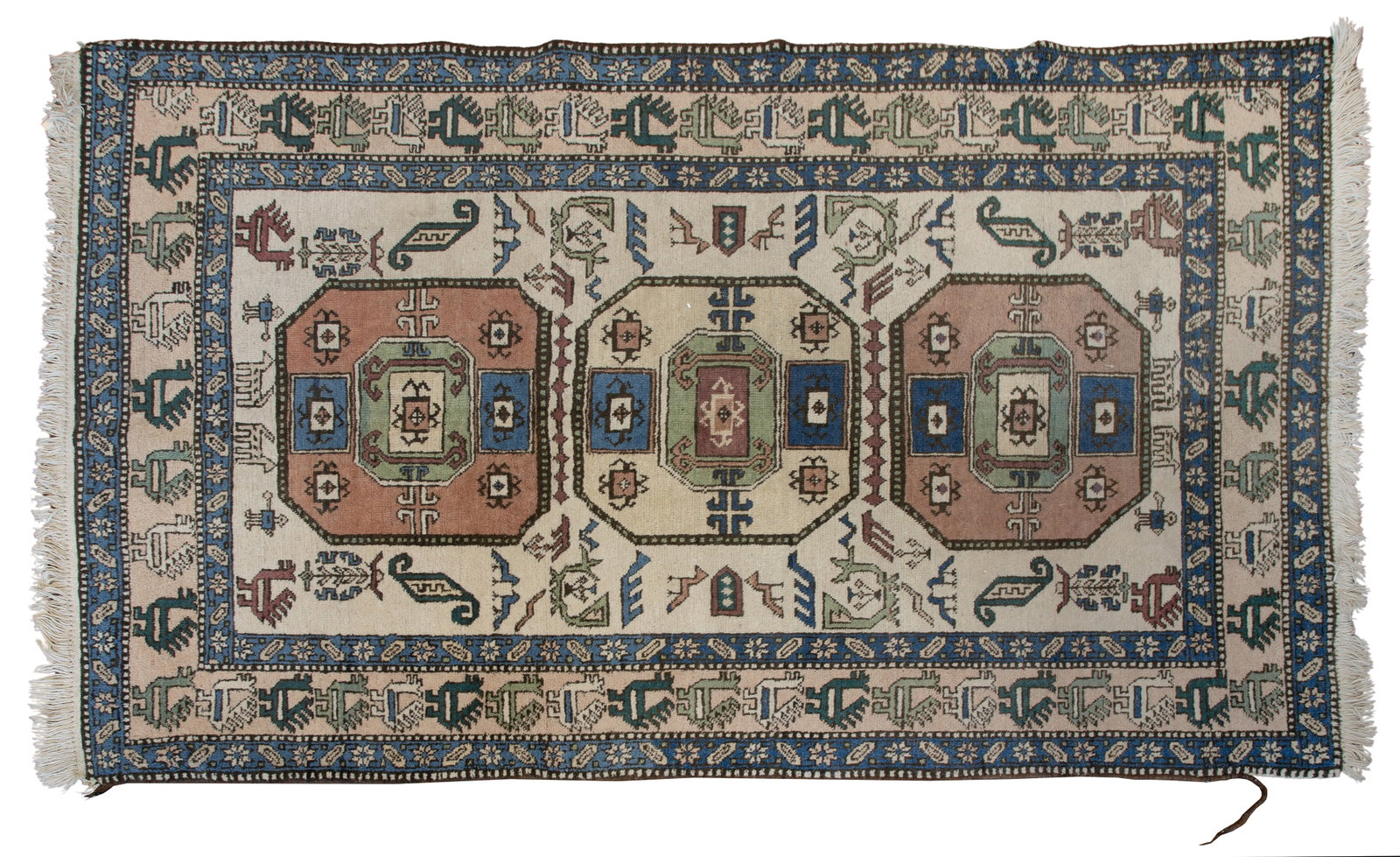 Persian Wool Rug: Persian Wool Rug Having a geometric and figural design in hues of green, rust, blue and black on a cream field Property from: an Estate, Marshfield, Wisconsin Rug Size: 7 ft. by 4 ft. 8 in.