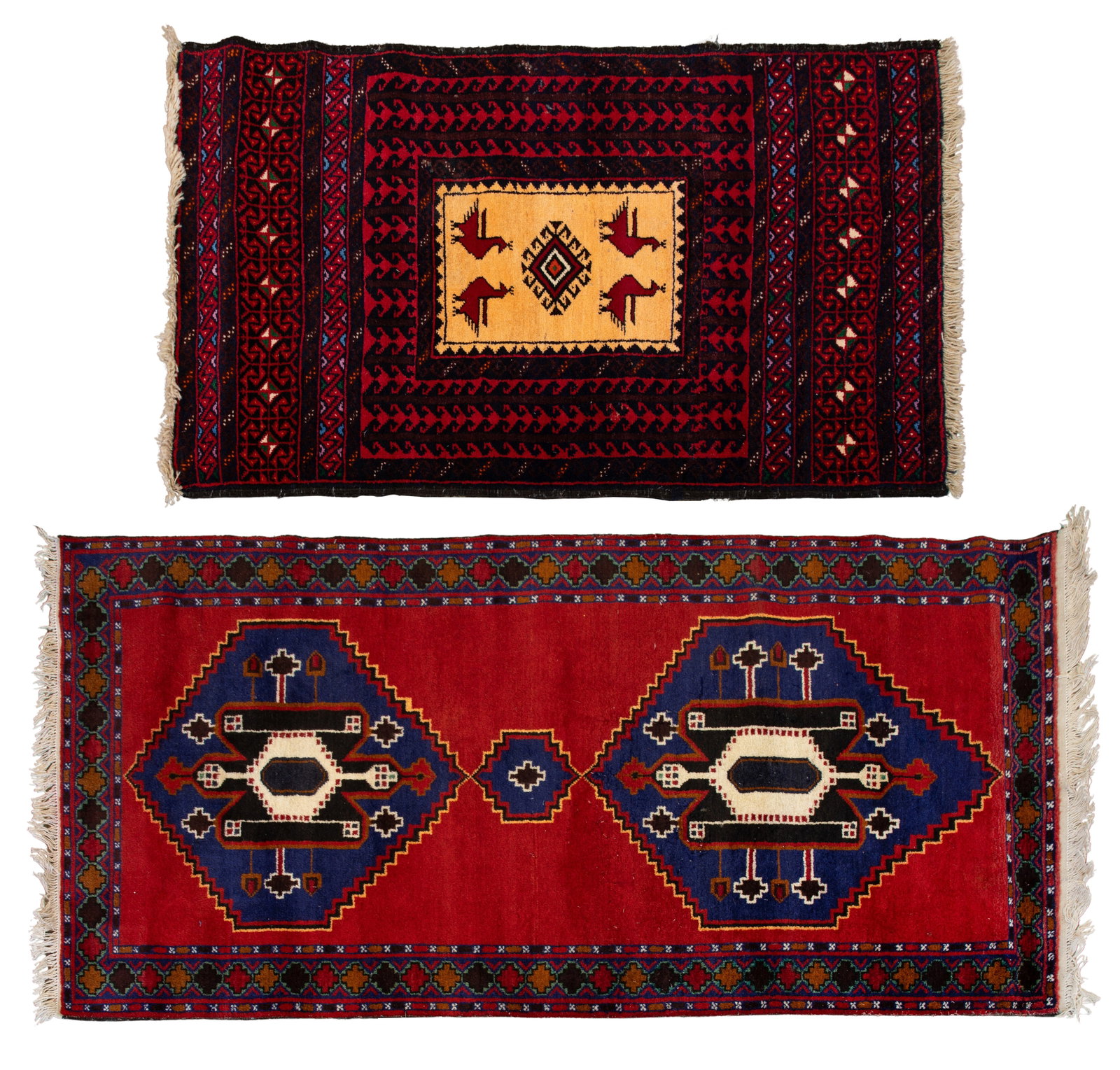 Persian Wool Rugs: Persian Wool Rugs (2) items including a geometric design in hues of blue, cream, orange and black on a red field and a geometric having a figural center medallion in hues of black, blue, green,