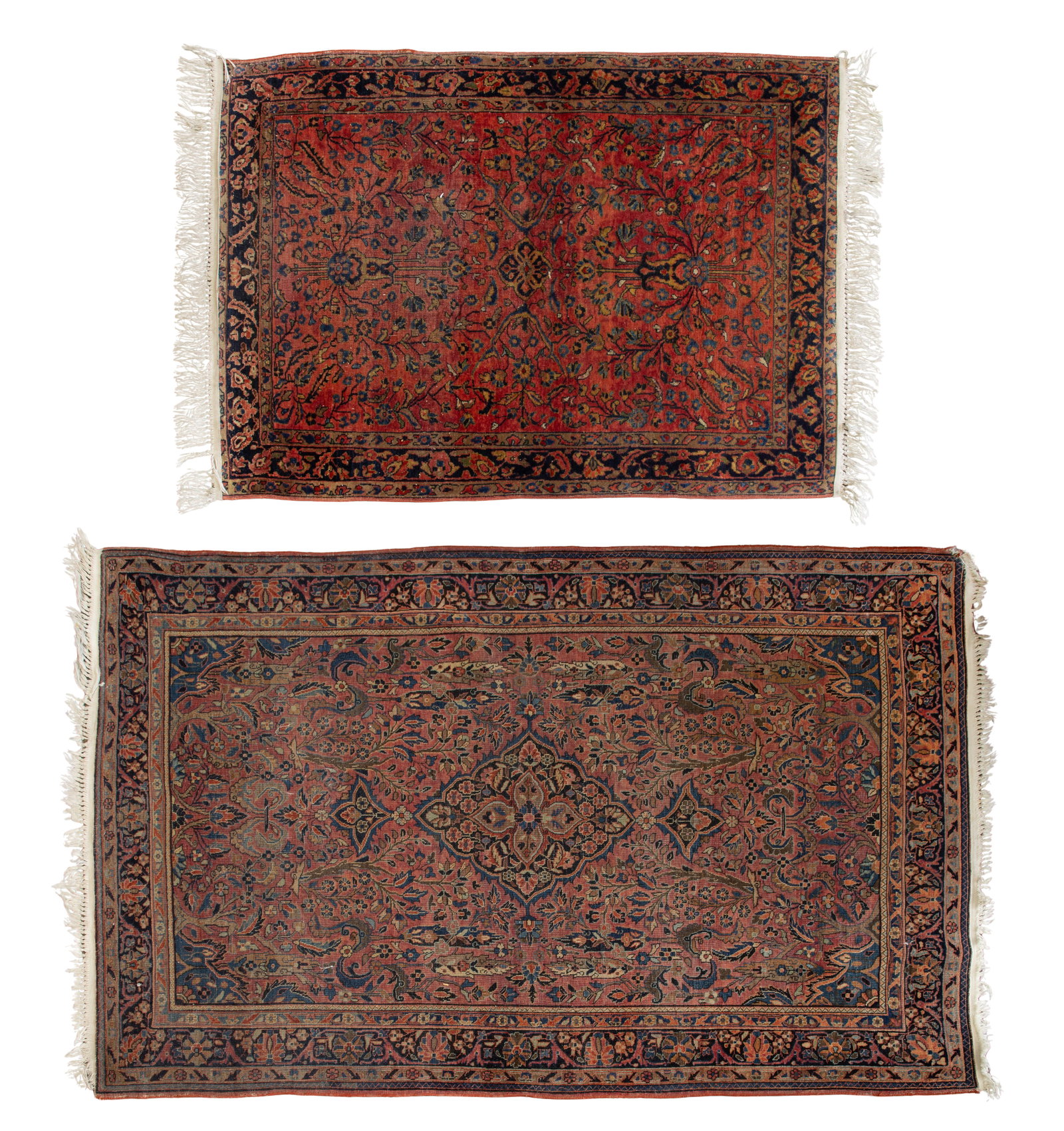 Persian Wool Rugs: Persian Wool Rugs (2) items having a floral design in hues of blue, tan and green on cranberry field (smaller 4 ft. 7 in. x 3 ft. 4 in.) Property from: an Estate, Glen Ellyn, Illinois Rug Size: 6 ft.