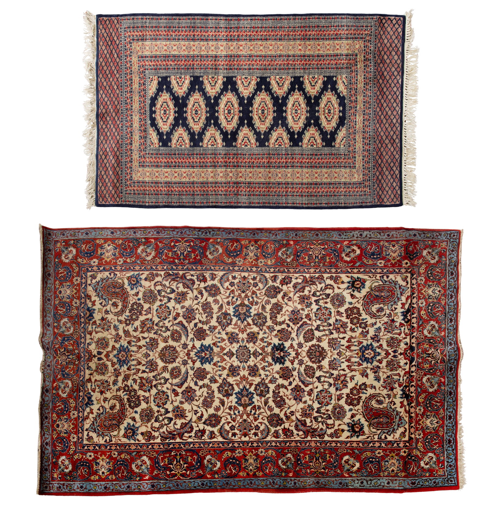 Persian Wool Rugs: Persian Wool Rugs (2) items including a floral design in hues of blue, cream, pink, tan and black on a cranberry field and a geometric in hues of cream and red on blue field (5 ft. 2 in. x 3 ft. 3