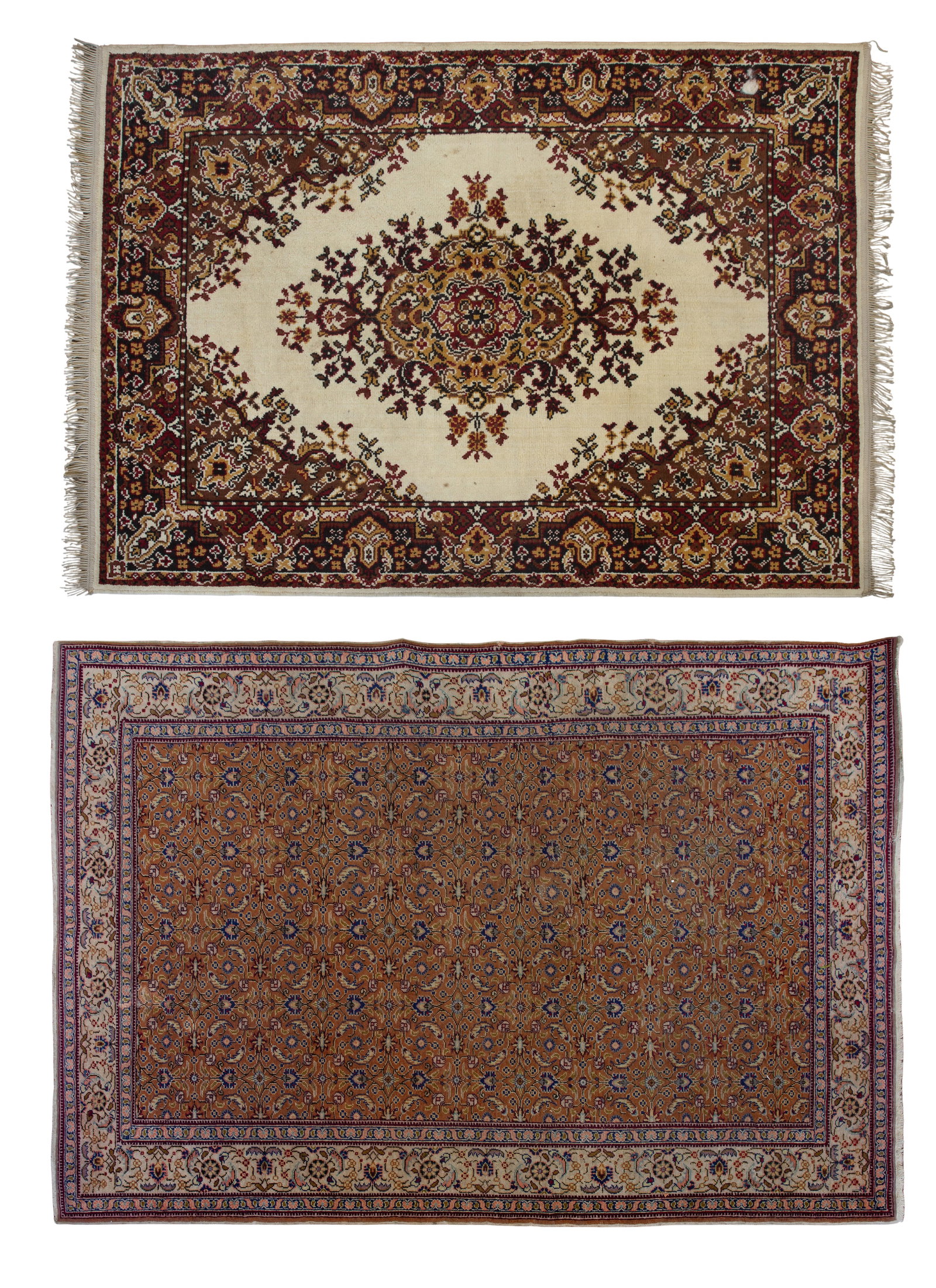 Persian Wool Rugs: Persian Wool Rugs (2) items including a geometric in hues of cream, blue and black on a tan field and a geometric having a center medallion in hues of brown and black on a cream field (5 ft. 11 in. x