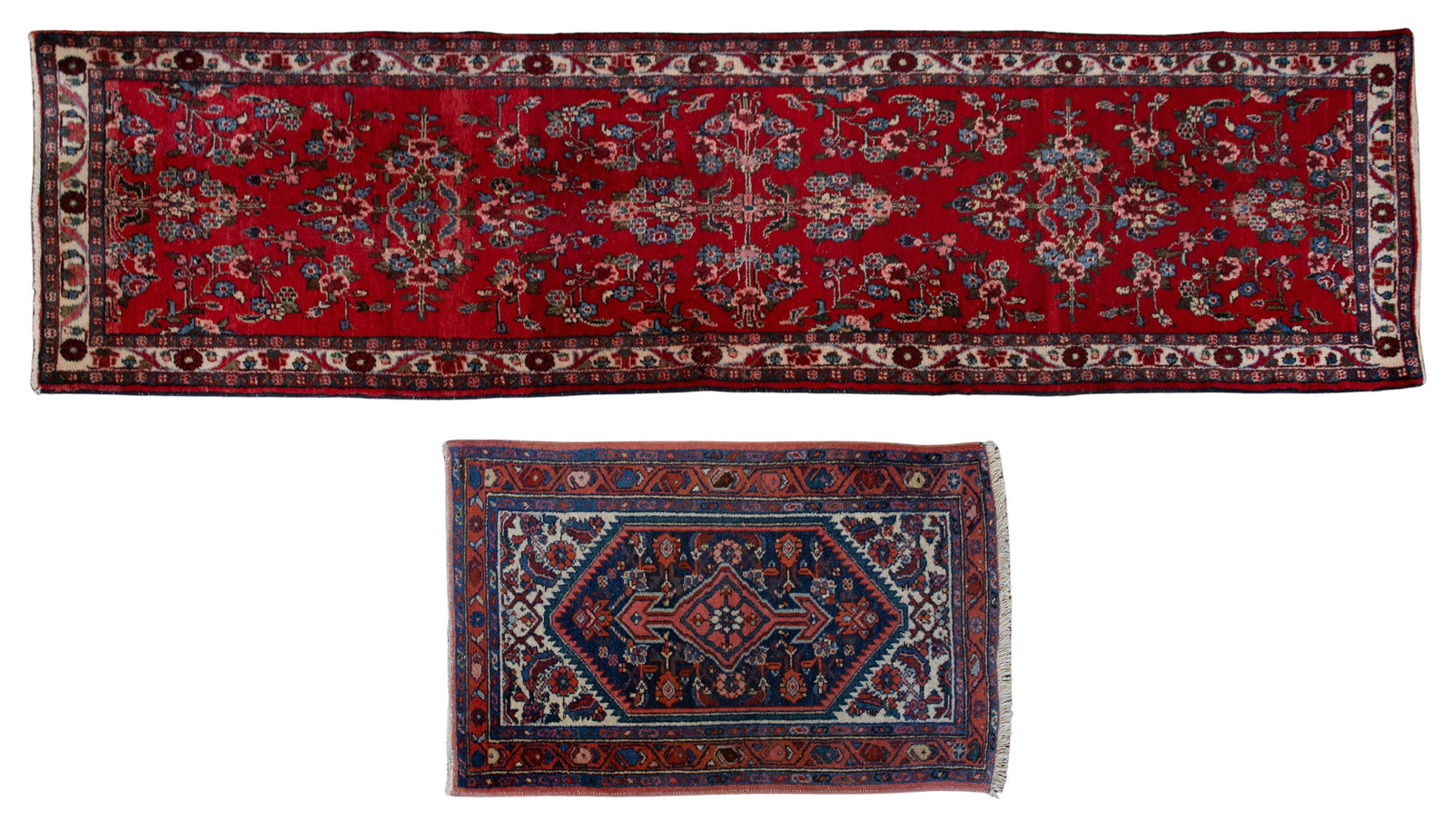 Wool Rugs: Wool Rugs (2) items including a wool runner having a floral design in hues of blue, cream and green on a red field, retaining original tag and a floral mat in hues of blue, pink and orange on a cream 