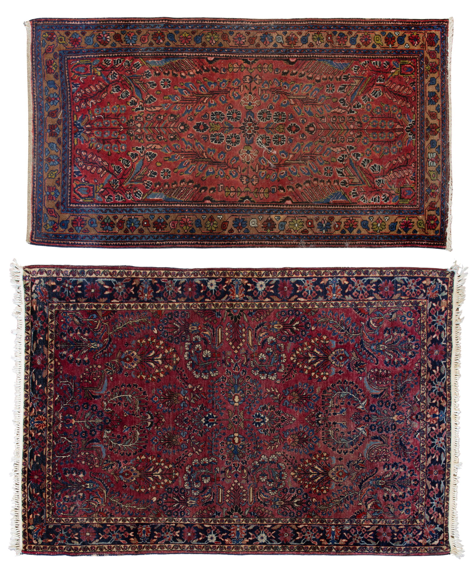 Wool Rugs: Wool Rugs (2) items including a floral design in hues of tan, blue and brown on a cranberry field and a geometric design in hues of blue, black, brown and green on a red field (5 ft. 5 in. x 2 ft. 11