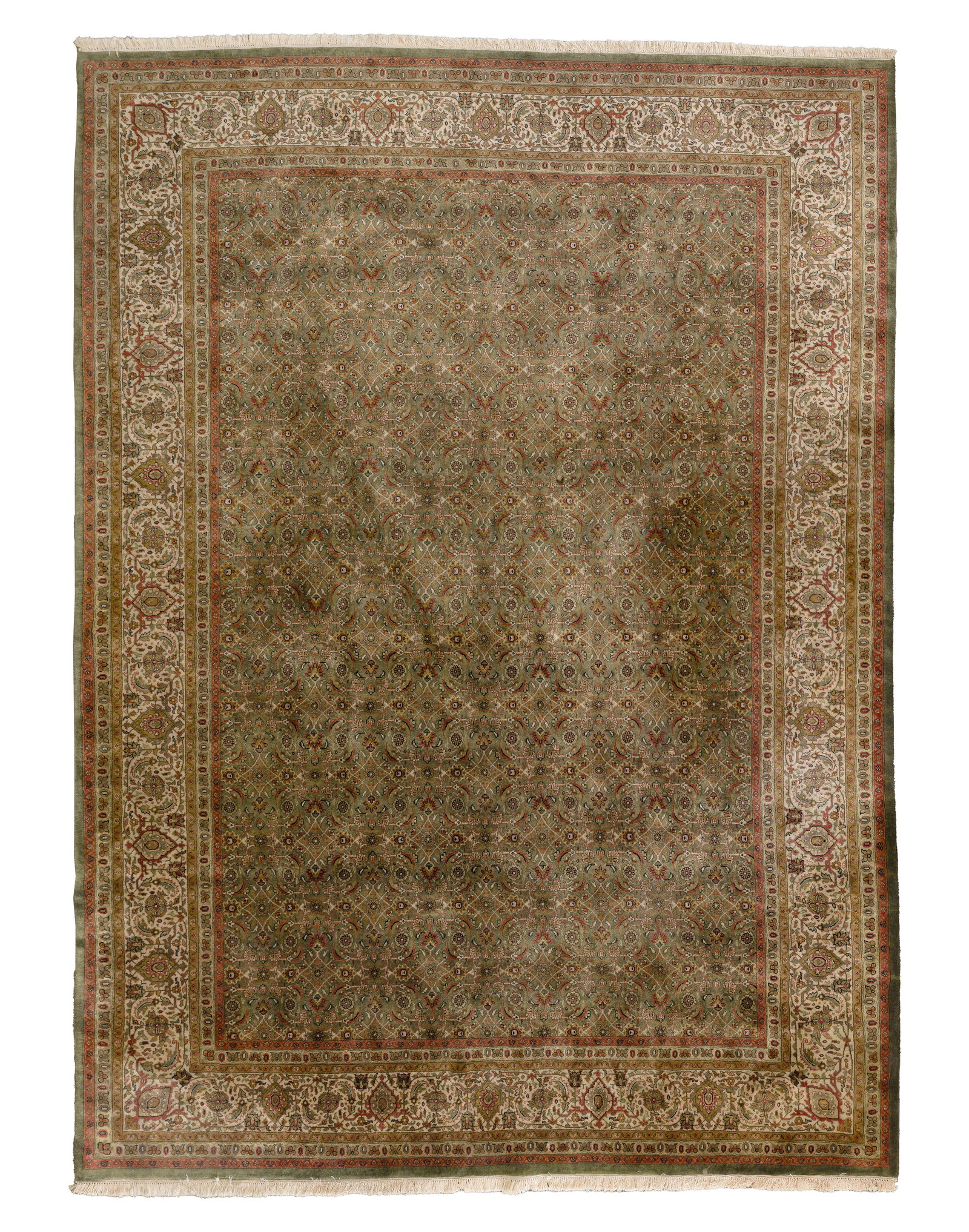 Persian Wool Rug: Persian Wool Rug Handwoven having a floral design in hues of rust, black and cream on a green field Property from: an Estate, Glen Ellyn, Illinois Rug Size: 13 ft. 5 in. by 8 ft. 10 in. Condition: