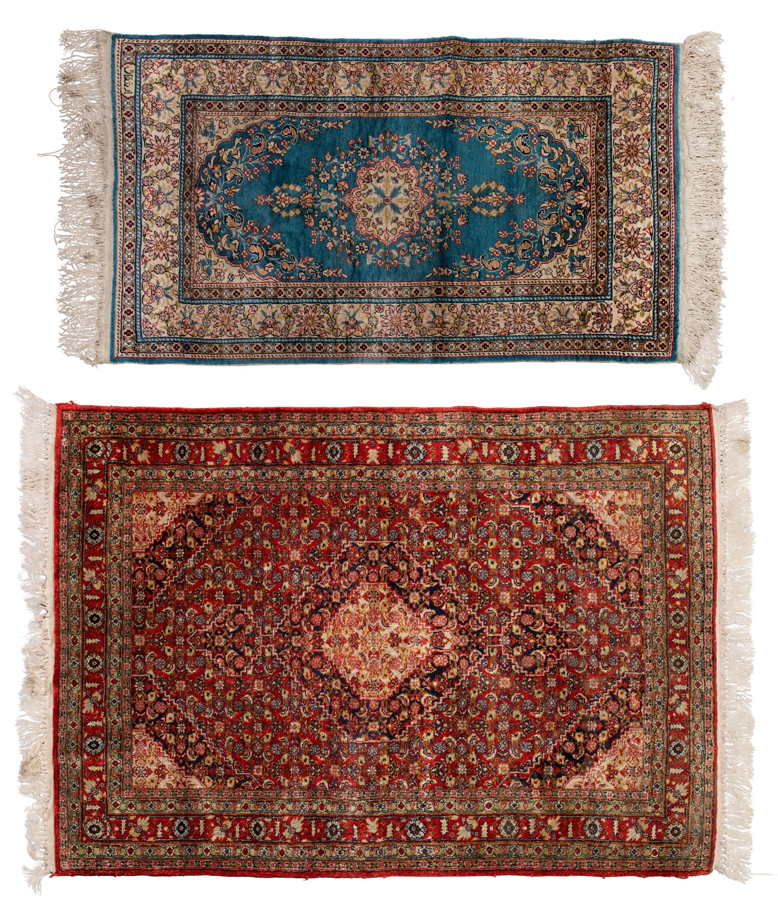 Silk Blend Rugs: Silk Blend Rugs (2) items including a floral design in hues of cream, green and blue on a red field and a mat in a floral design in hues of cream, red and green on a teal field (3 ft. 8 in. x 1 ft.