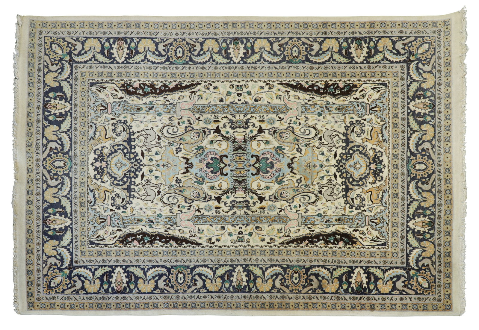 Persian Wool Rug: Persian Wool Rug Hand knotted, having a floral and figural design in hues of blue, teal, pink, tan and gray on a cream field Property from: an Estate, Madison, Wisconsin Rug Size: 7 ft. 10 in. by 4