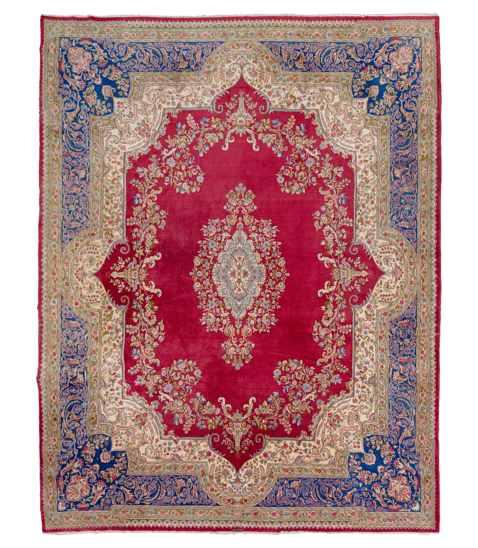 Kerman Style Wool Rug: Kerman Style Wool Rug Handwoven, having a floral design, center medallion and signature in hues of cream, green, blue and pink on a red field Property from: a Private Collector, Lake Forest, Illinois